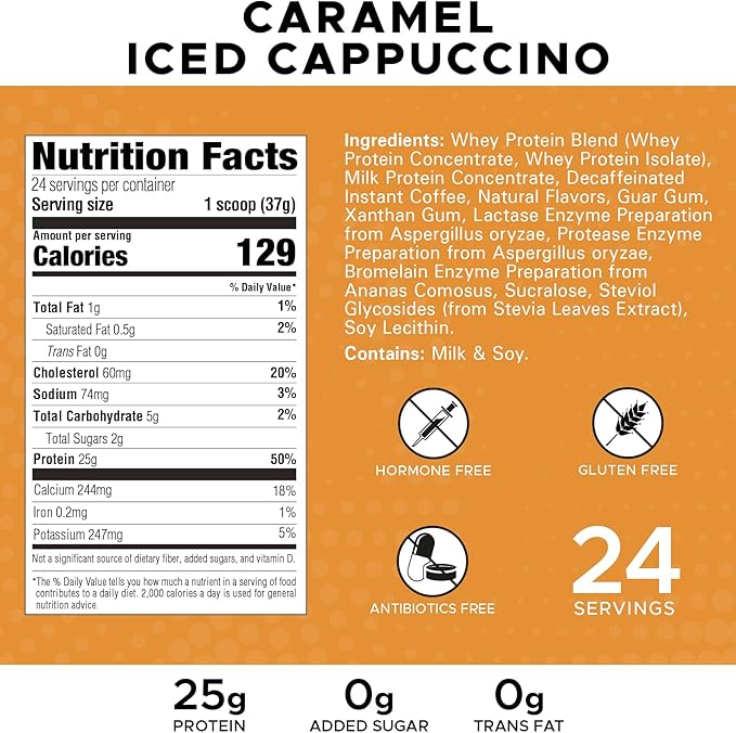 High Whey, Protein Powder 2LB, Whey Isolate, Gluten Free, Lean Muscle Mass for Men & Women, 25g of Protein Per Scoop, 908 g, 24 Servings (Caramel Iced Cappuccino, 2 Pound)