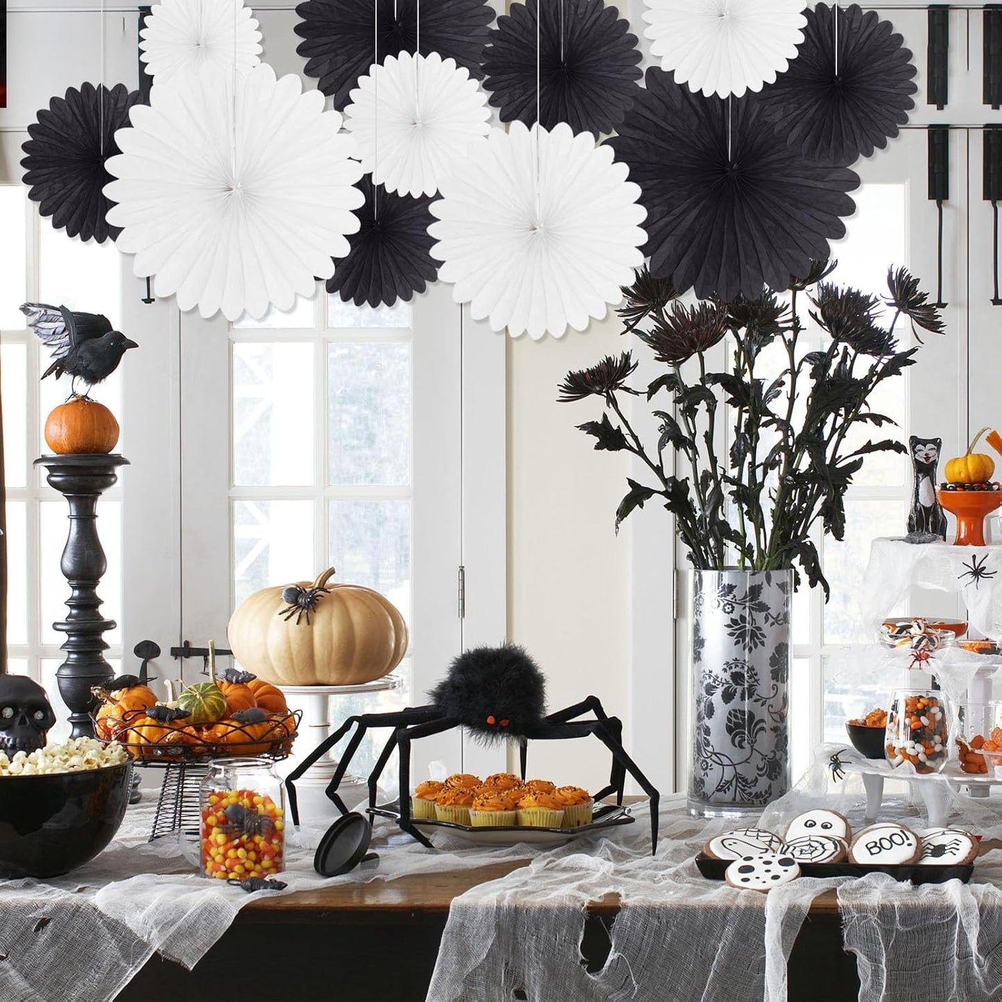 20 Pcs Black White Hanging Paper Fan, Hanging Honeycomb Round Paper Fans for Weddings, Birthdays, Christmas, Baby Showers, Classroom, Events Ceiling Party Supplies Decorations