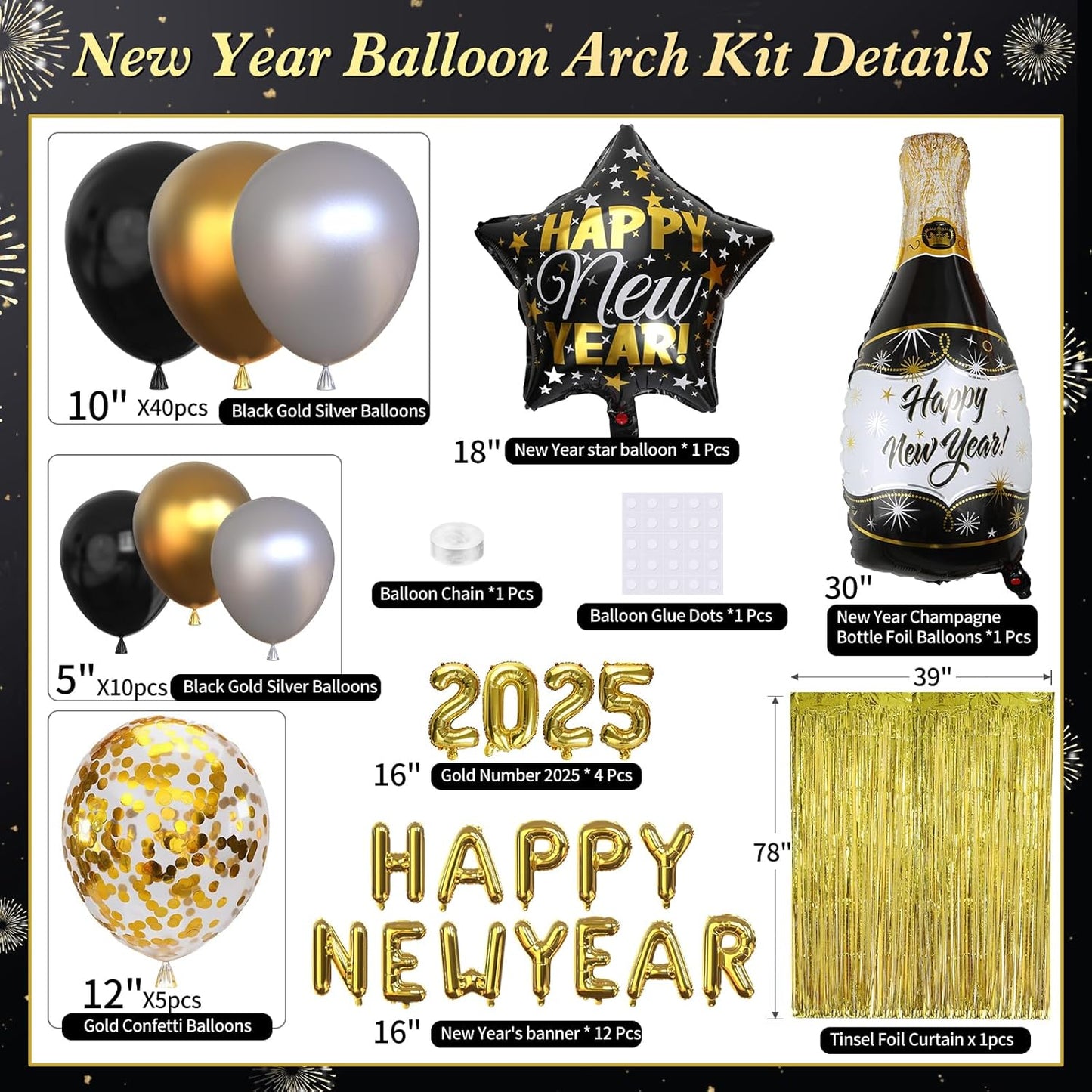 Nye Decorations 2025, Black and Gold Balloons 2025 Number Balloons Champagne Balloons New Year Banner Fringe Backdrop for New Years Eve Party Supplies 2025