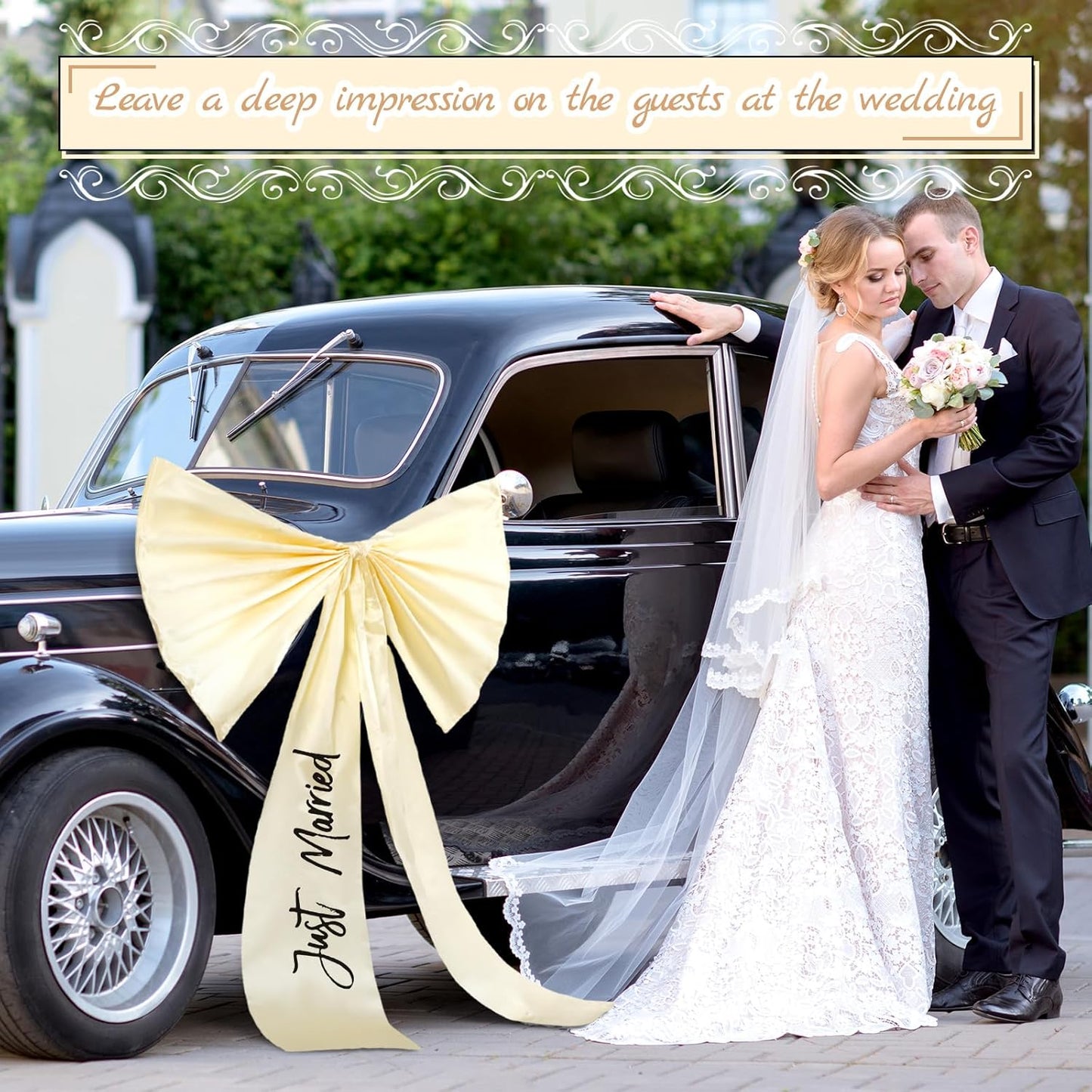 Zeyune 30 Inch Just Married Car Bow Decorations Wedding Reception & Ceremony Decor Kit Giant Ribbon Bow Automotive Decoration Accessories Ideal for Elegant Wedding Party Decor(Black Words)