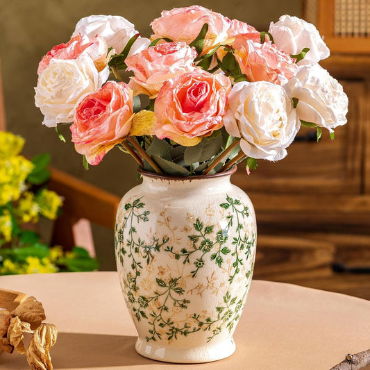 Vintage Green and Beige Vase, Round Ceramic Floral Vases, Retro Ice Cracked Chinoiserie Vase for Home Decor, Living Room, Bookshelf, Office, Grand Millennial Decor, Rustic Table Centerpiece 8 Inch