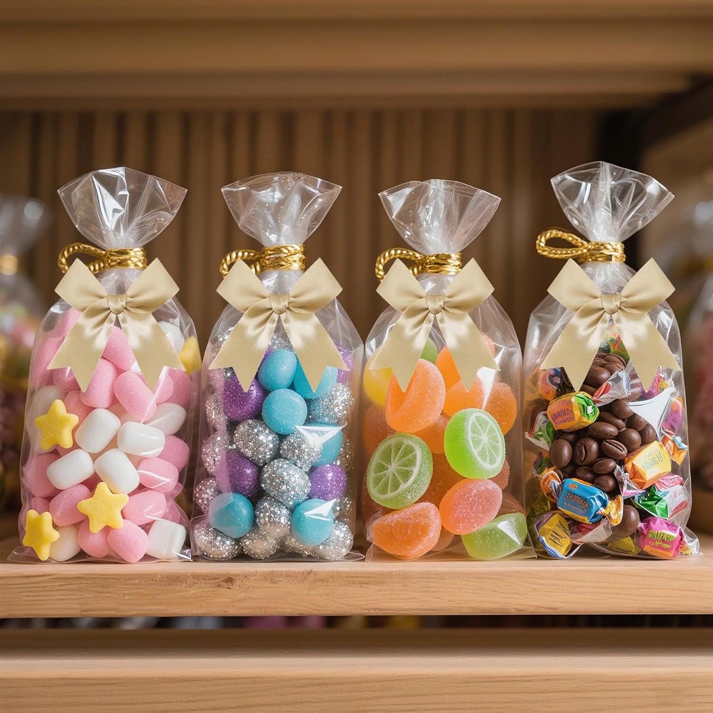 50 PCS Twist Tie Bows Satin Ribbon Bows 3.3 Inch Gift Wrap Bows Craft Bows for Gift Wrapping, Party Decorations Gifts Bag DIY Treat Bags Wedding Decor Baby Shower Christmas (Golden)