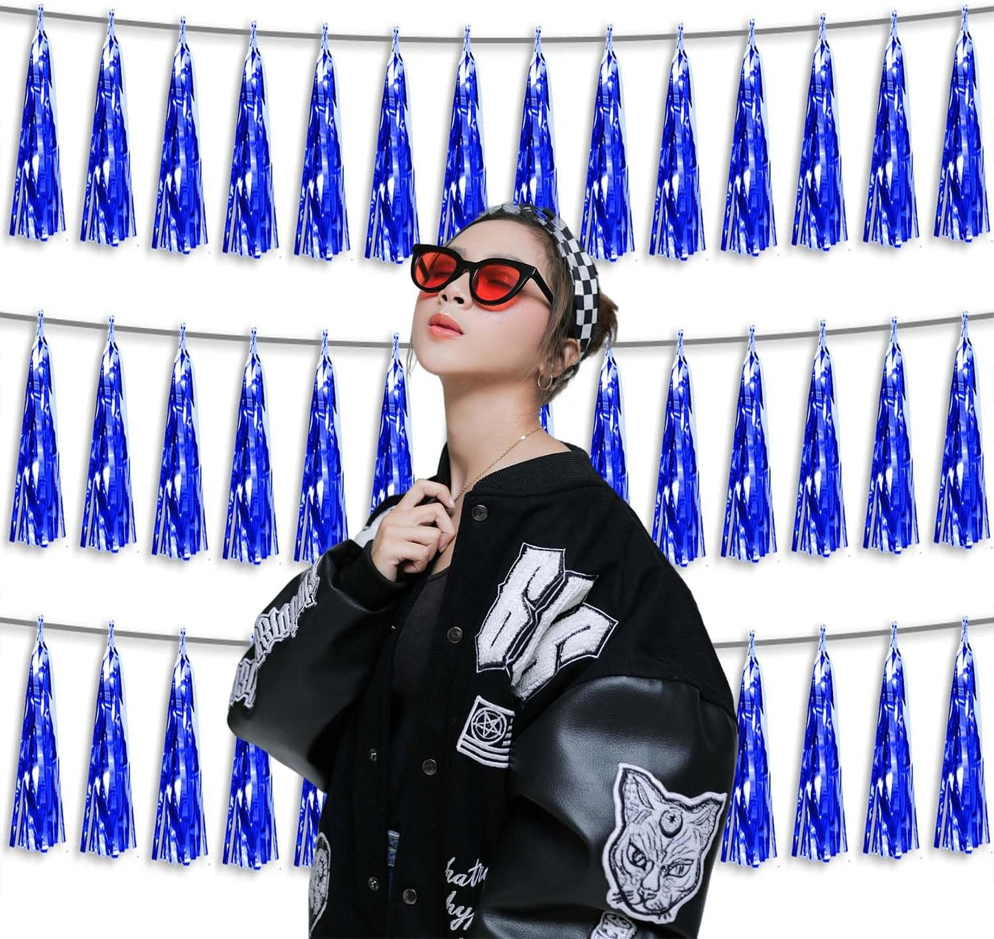 3P Metallic Fringe Tassel Banner Garland Foil Tinsel Streamer Wall Hanging Curtain Backdrop Banner for Parade Floats, Graduation Decorations, Retirement Party Decoration(Blue