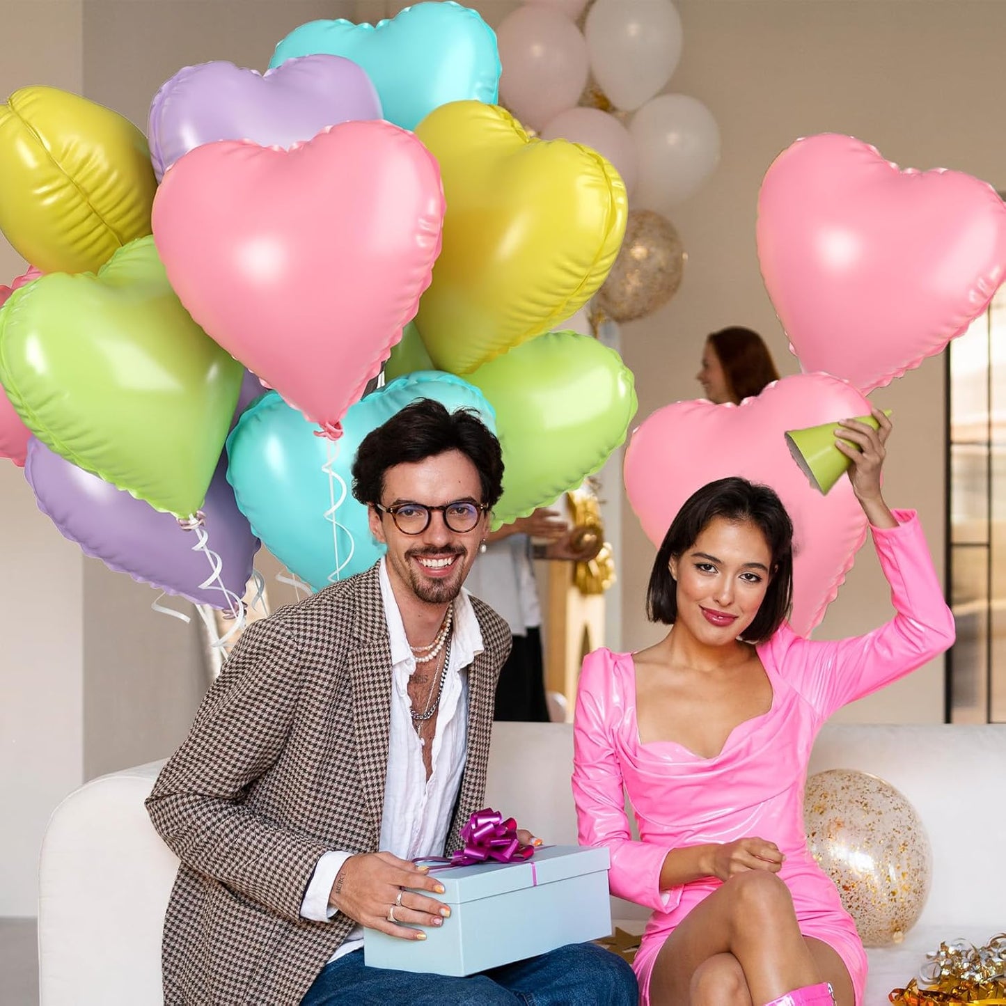 Biapian Pastel Heart Balloons, 10 Pcs Macaron Heart Shape - 18inch Pastel Pink Purple Green Teal Yellow Foil Valentines Balloons for Kids Candy Birthday Wedding Baby Shower Decoration