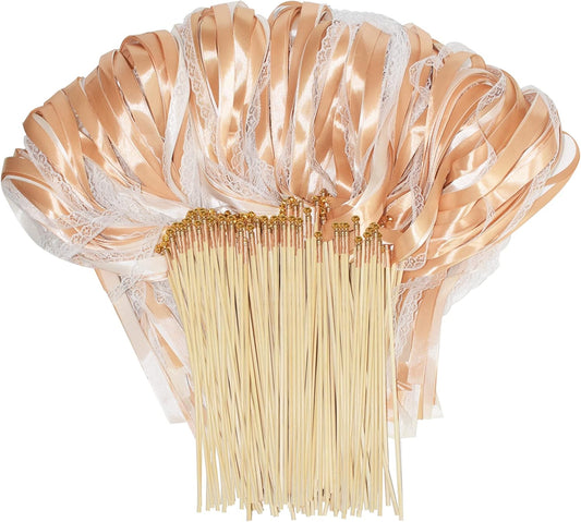 Kingsnow 100 Pieces Champagne Ribbon Wedding Wands Send Off Idea Ceremony Exit Ribbon Wedding Favor with Lace and Bell, Wedding Party Ribbon Streamers Fairy Wands Ribbon Bridal Wands