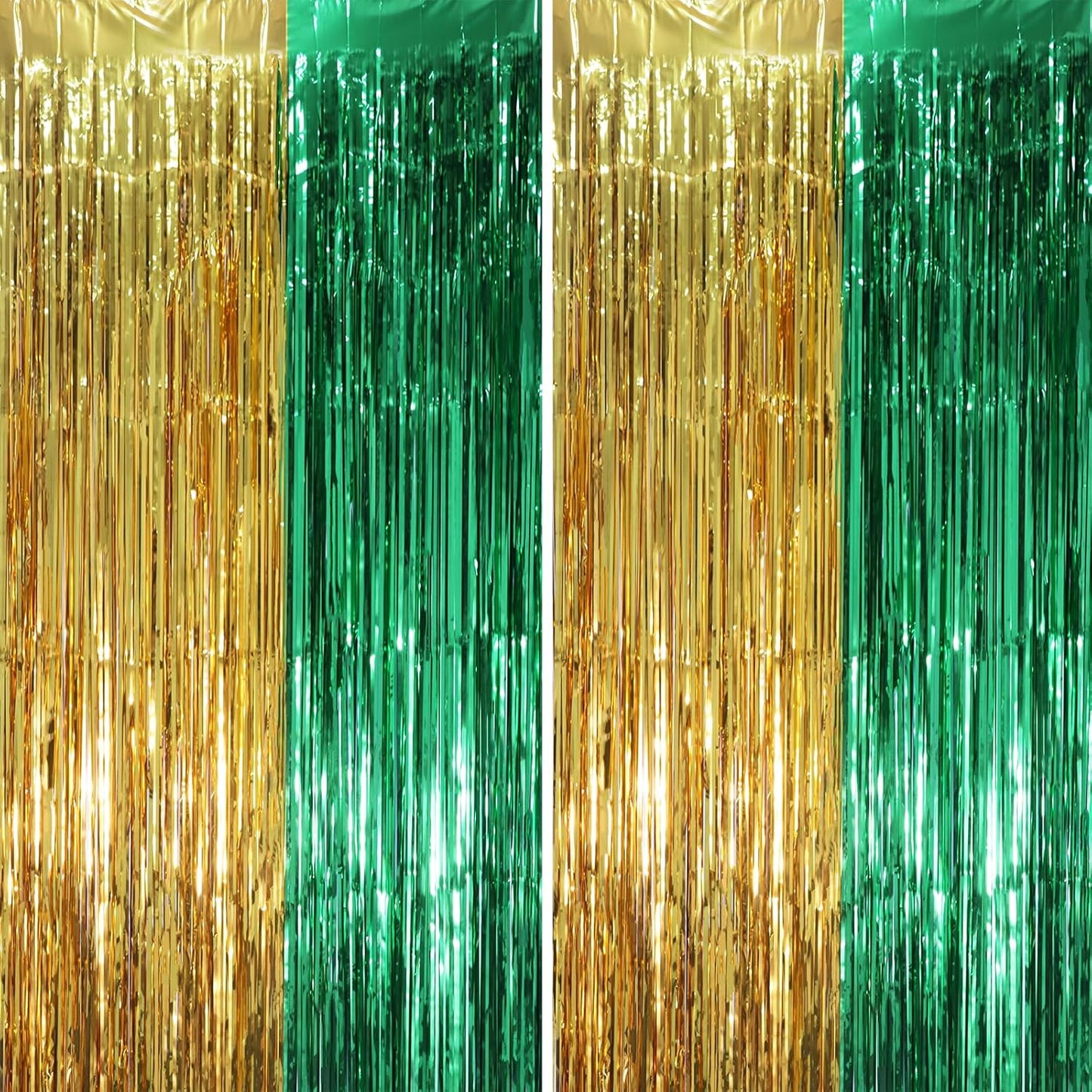 2 Pack Green and Gold Foil Fringe Backdrop Curtains, Tinsel Streamers Party Decorations, Fringe Backdrop, Door Shimmer for Graduation or Birthday Party