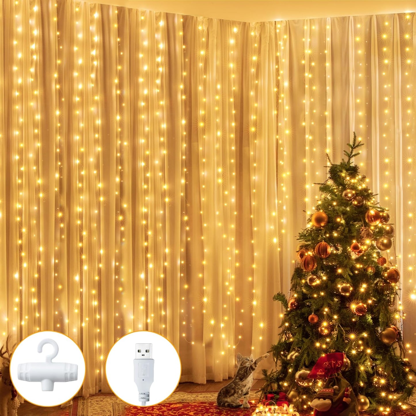 Ollny Silver Copper Wire Fairy Lights Curtain 200 LED 6.6x6.6ft, USB Warm White Curtain Lights with Hook, Waterproof Window Light for Bedroom Backdrop Wall Outdoor Indoor Decorations