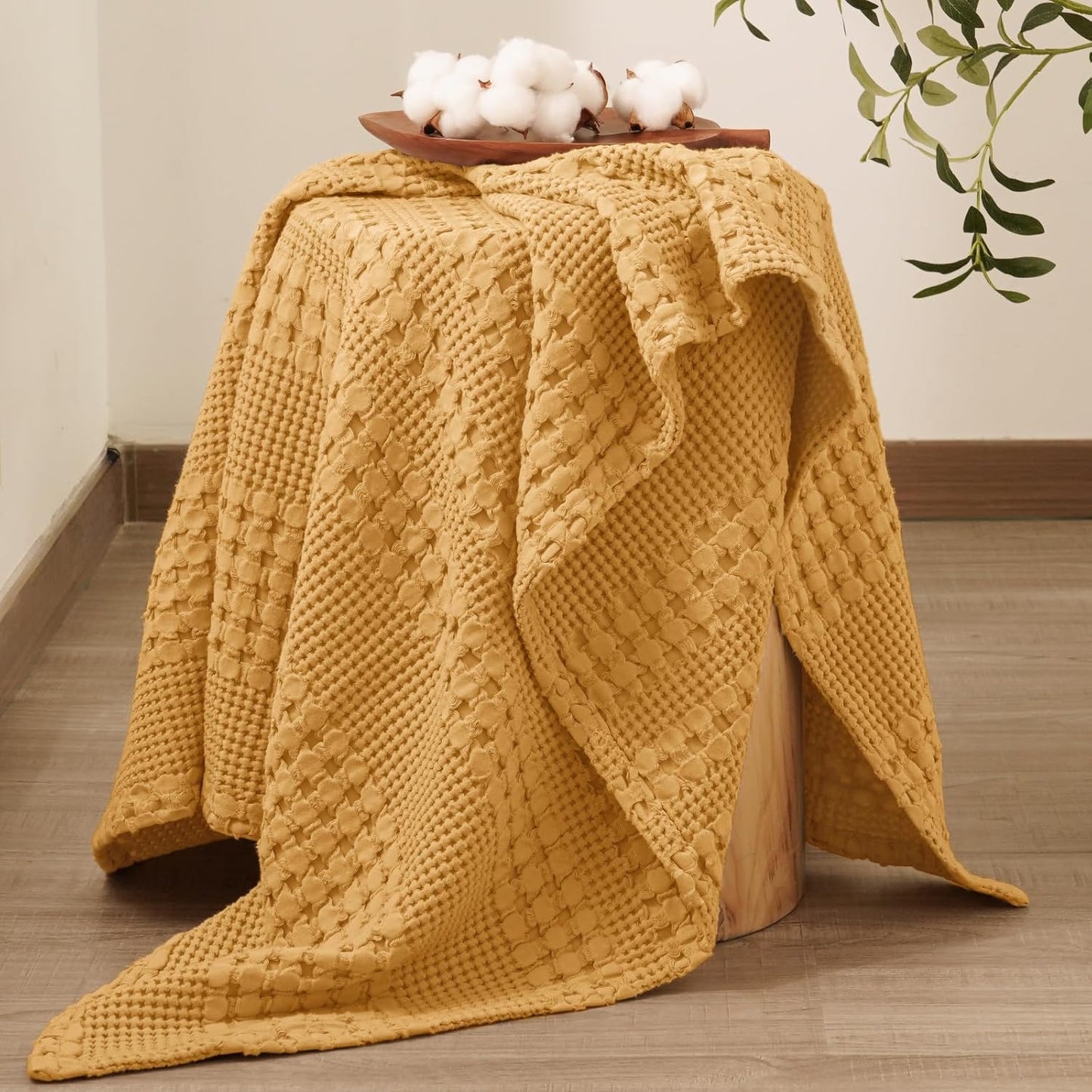 PHF 100% Cotton Waffle Weave Throw Blanket, Soft Lightweight Breathable Cozy Throws for Couch Bed Sofa, Luxury Aesthetic Woven Blanket for Home Decor & Office, 50"x60", Ginger/Honey Yellow