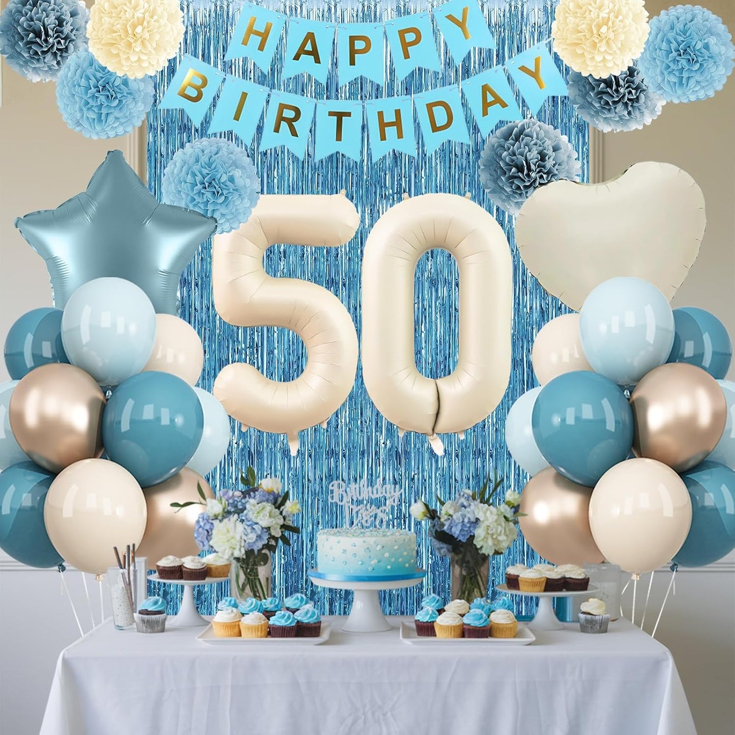 Dusty Blue 50th Birthday Party Decorations for Women Men Beige Cream Number 50 Balloon with Blue Gold Happy Birthday Banner Fringe Curtain Paper Pom Poms Nude White Sand Champagne Star Foil Balloons