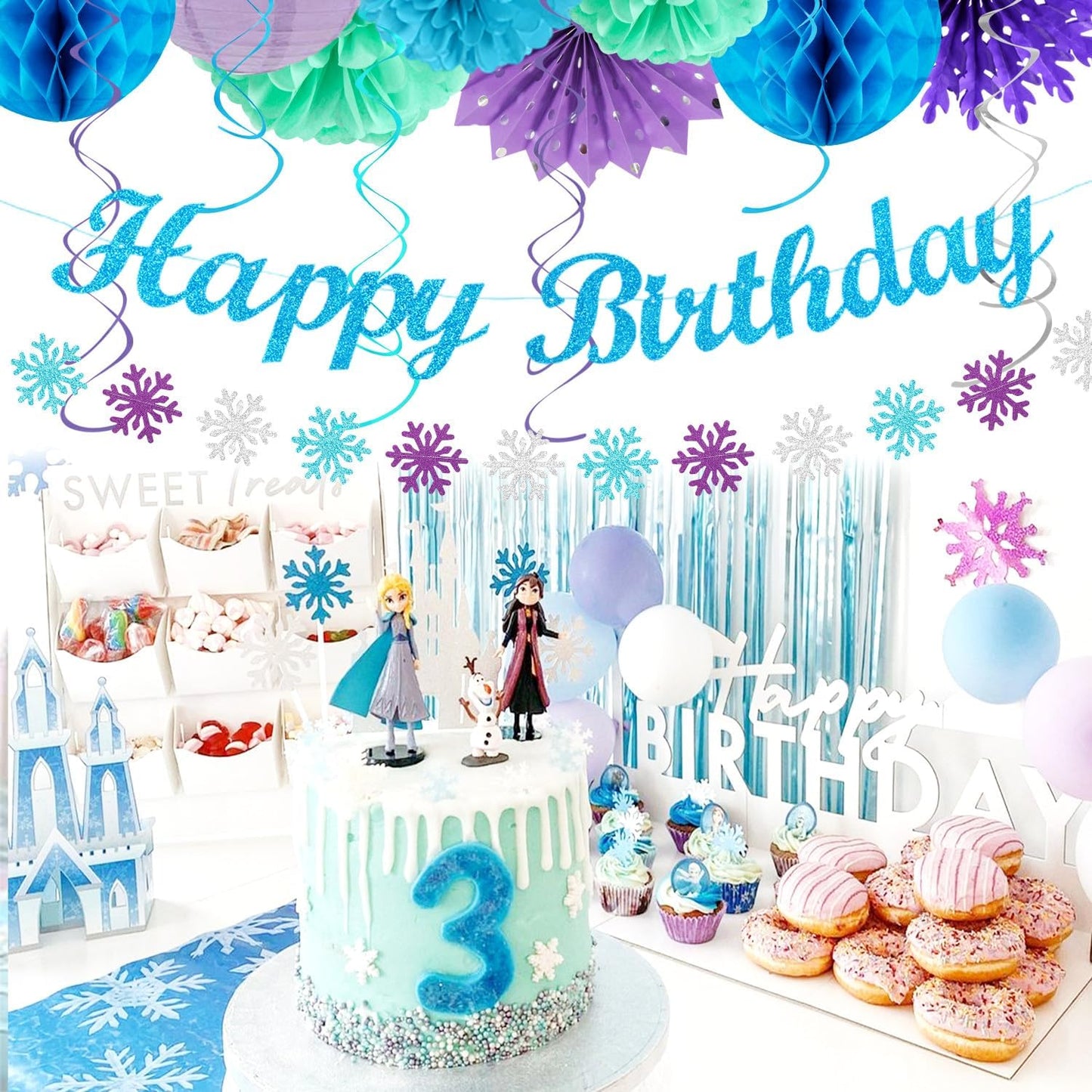 Winter-Wonderland Christmas-Snowflake Frozen Birthday Party-Decorations - 21pcs Happy Banner,Blue Purple Teal Paper Lanterns Honeycomb Streamers,Tissue Pom Poms Flower Fan,Hanging Decor Huglony