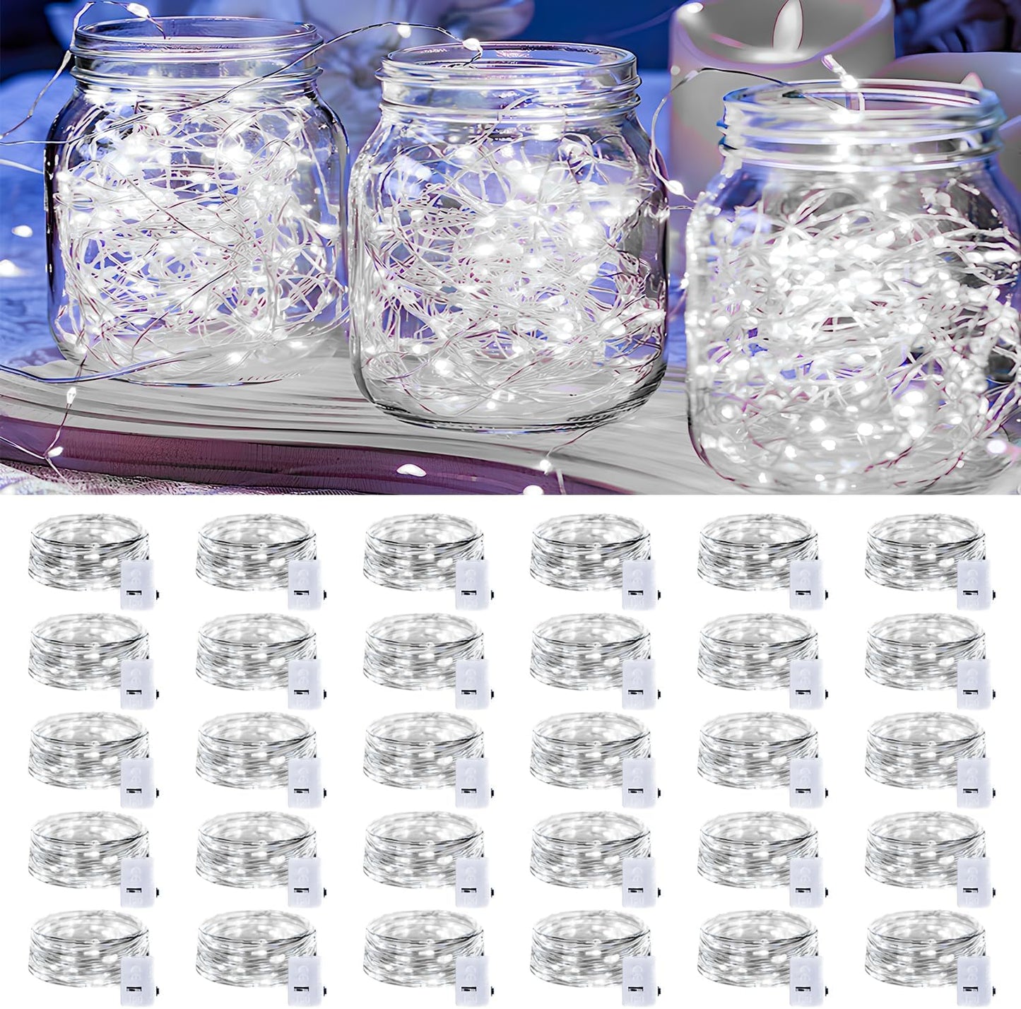30 Pack LED Fairy Lights Battery Operated,3 Features Blinking Slowly Blinking & just on 7FT 20 LED Waterproof Mini Twinkle String Lights for Wedding Party Christmas Decorations,White