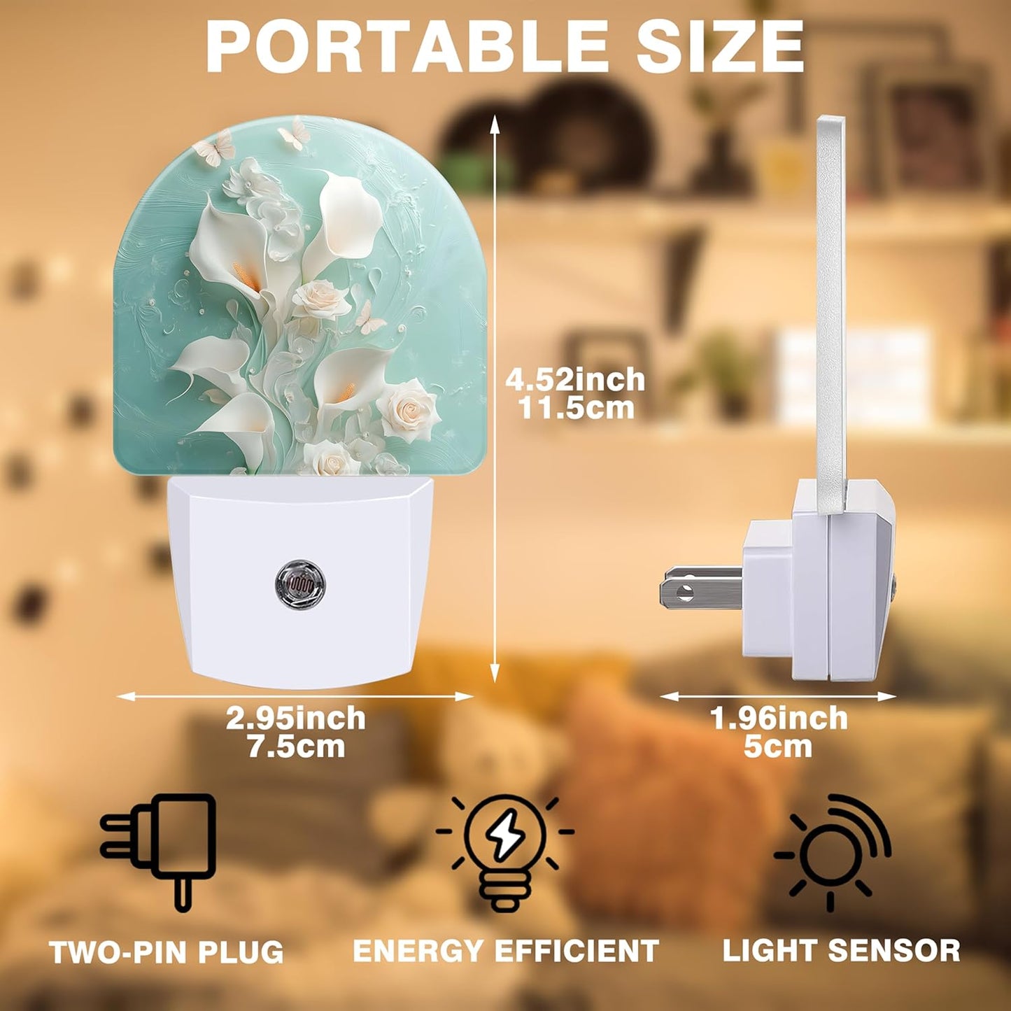 Night Light, White Calla Lilies and Butterflies Night Lights Plug into Wall Dusk to Dawn Sensor Round Nightlight for Women Men Energy Efficient Led Lamp 0.5W for Stairway Hallway Bedroom