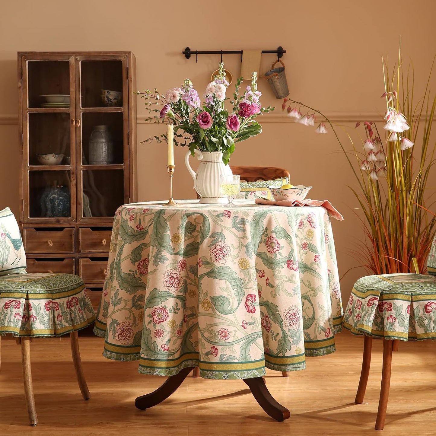 patdrea Designer Green Small Tablecloth for Round Table,Vintage Linen Leaves Pattern Table Cloth,Floral Decor Cover for Kitchen Dining Christmas,Thanksgiving,Tea Party,Diameter 55"-Cecilia a