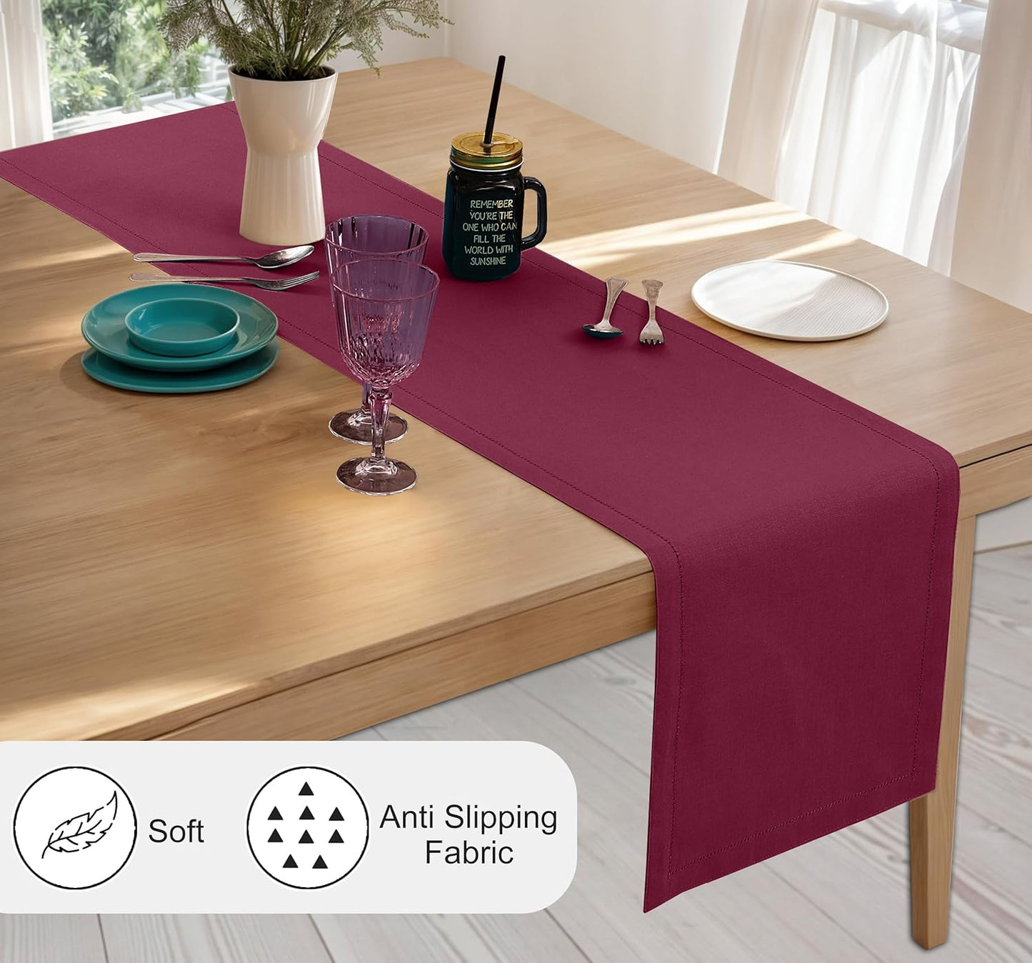 Ruvanti Linen Table Runner 72 Inches, Classic Hemstitch, Washable, Reusable, Non-Slipping, Stain Resistant- Perfect for Parties, Weddings, Dinners, Thanksgiving, Christmas, Indoor use – Burgundy