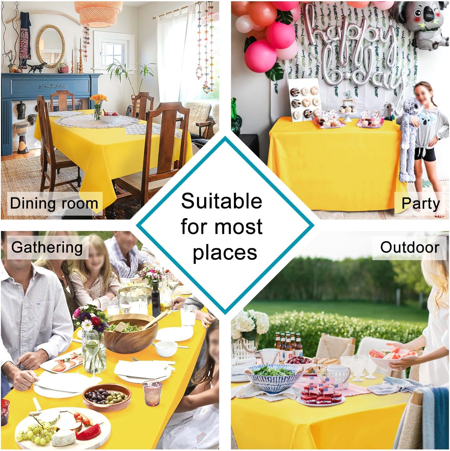 Hiasan Waterproof Tablecloth Rectangle - Washable Fabric Table Cloth for Dining Room Kitchen Birthday Party and Outdoor Use, Yellow, 70 x 120 Inch