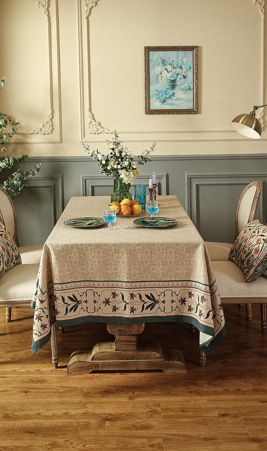 patdrea Designer French Rectangular Tablecloth,Beige Anti-Wrinkle Durable Floral Farmhouse Table Cloth,Decor Tables Covers for Kitchen Dining,Tea Party,Christmas,Thanksgiving,55"x87"-Fram