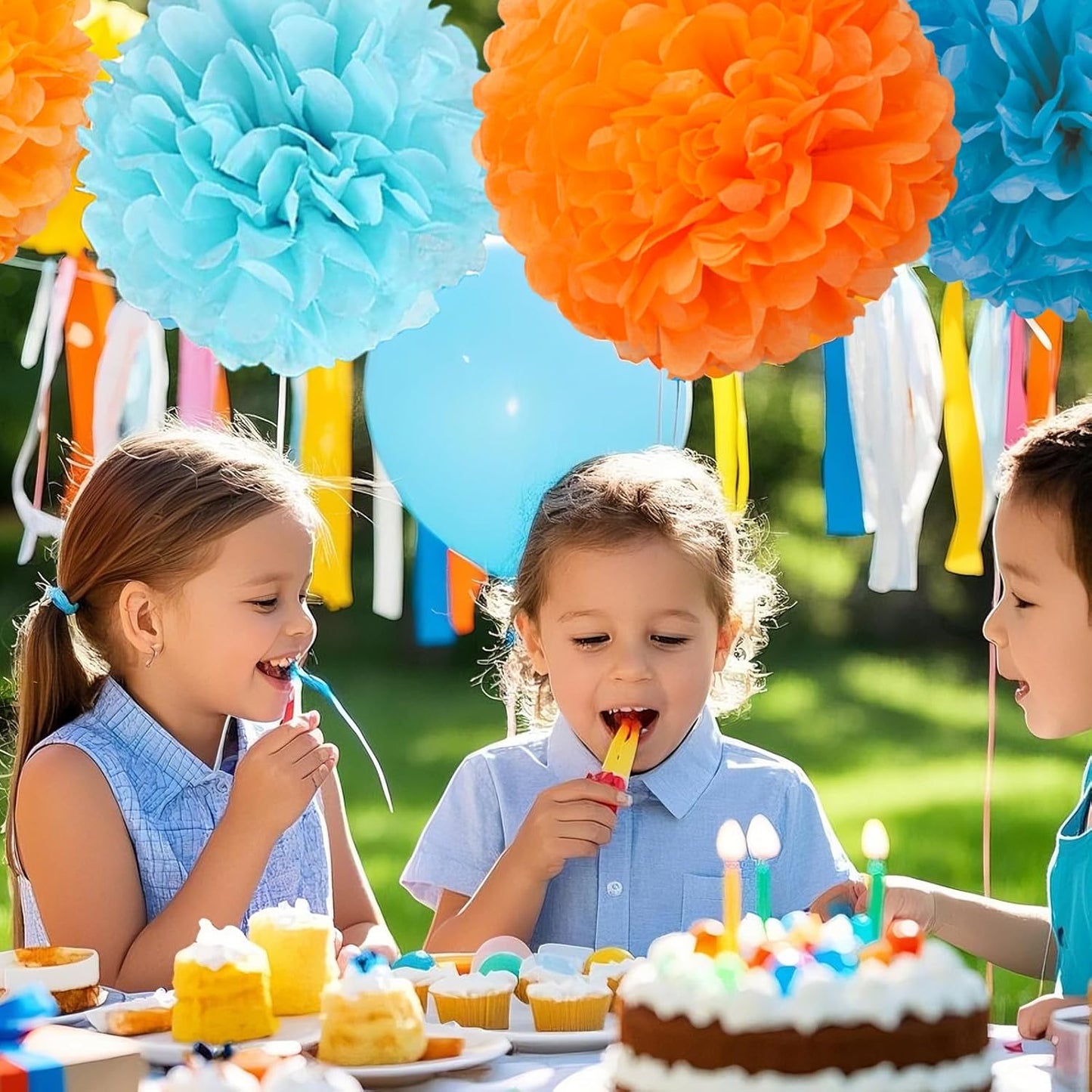 Capesaro Blue and Orange 12PCS Paper Pom Poms Party Decorations for Girl Birthday College Graduation Decoration, Hanging Decor Tissue Paper Flowers