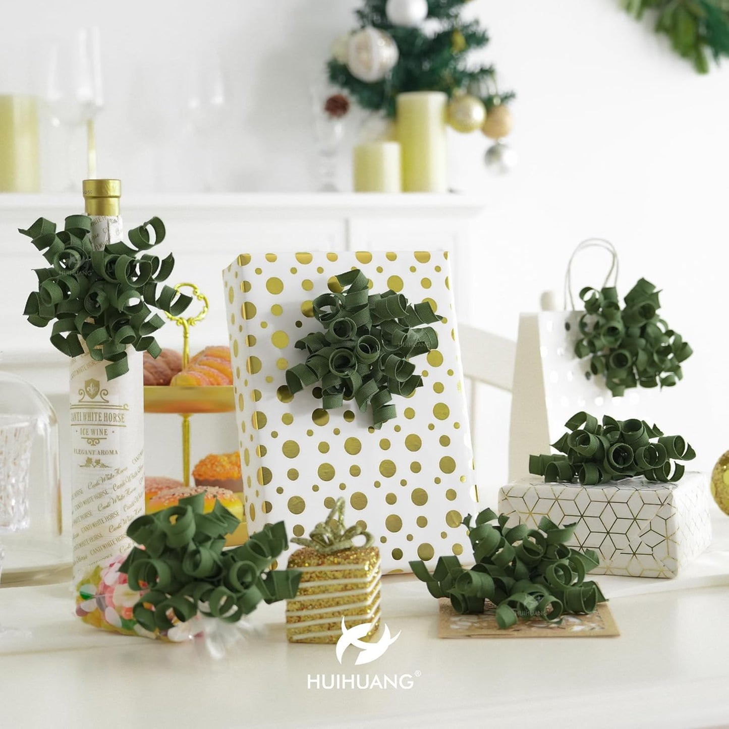 HUIHUANG Moss Green Bows for Gift Wrapping, Green Curly Ribbon Bows Self Adhesive Burst Gift Bow for Presents, Wine Bottle, Treat Bags, Wrap Accessories, Christmas, Wedding Party Favor - 6 Counts