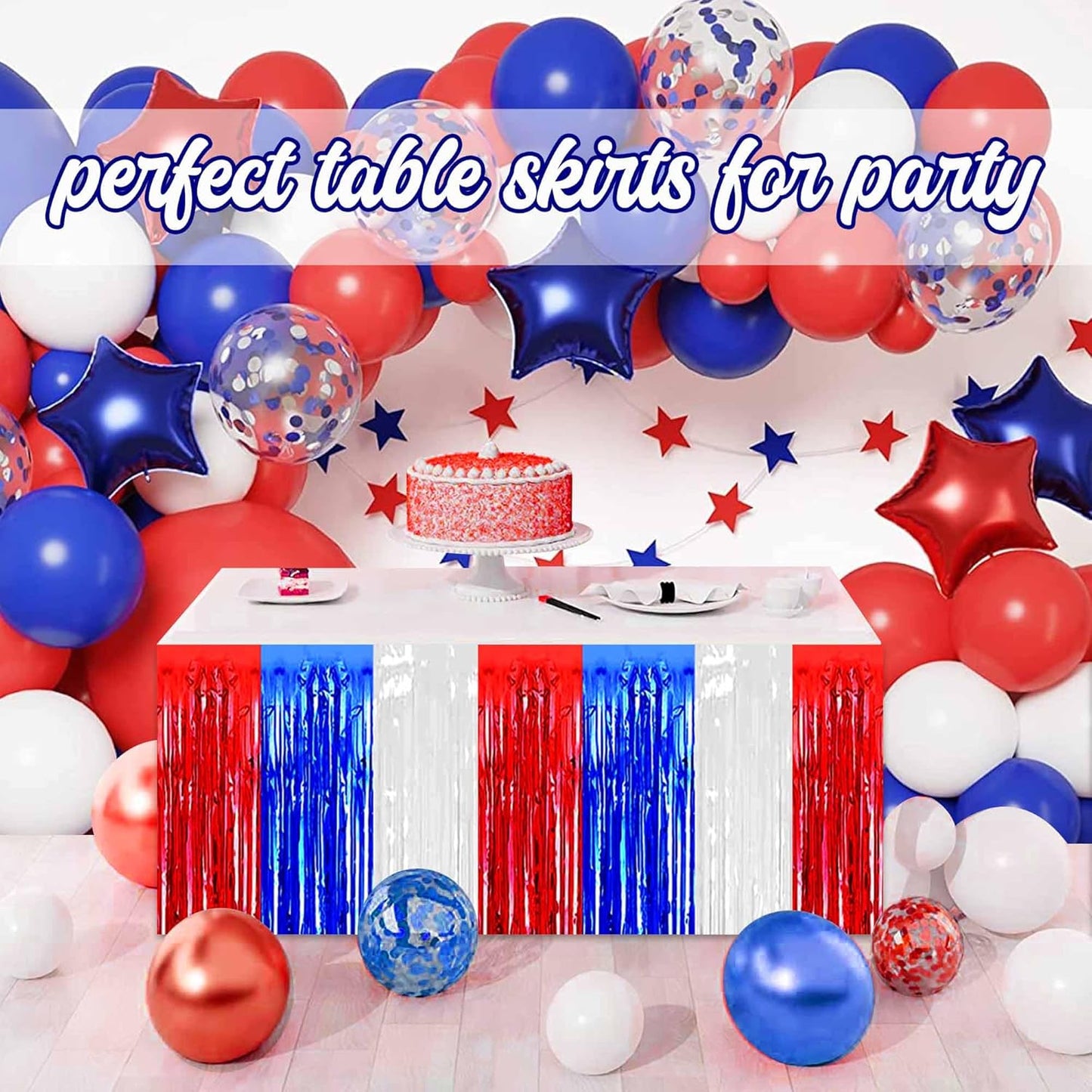 3 Pack White Blue Red Foil Fringe Table Skirts Metallic Tinsel Streamers Garland Banner Backdrop for Table Decor, Parade Float, Birthday, Wedding, Halloween, Christmas Party Decorations(29x108 In)