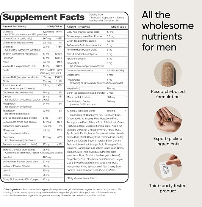 Multivitamin for Men, All-in-One Supplement Complex with Zinc, Vitamin D, C, B12, Maca, Biotin, Saw Palmetto – 82 Nutrients for Men's Health Support, Energy, Healthy Hair, 30 Day Supply