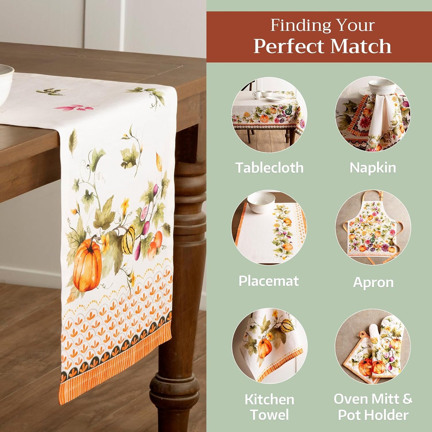 Maison d' Hermine Table Runner 100% Cotton Single Layer Table Runners 72 inches Long for Thanksgiving Christmas Decorations Home Kitchen Dining Wedding (Pumpkin Garden - Cloudy Cream, 14.5" x 72")