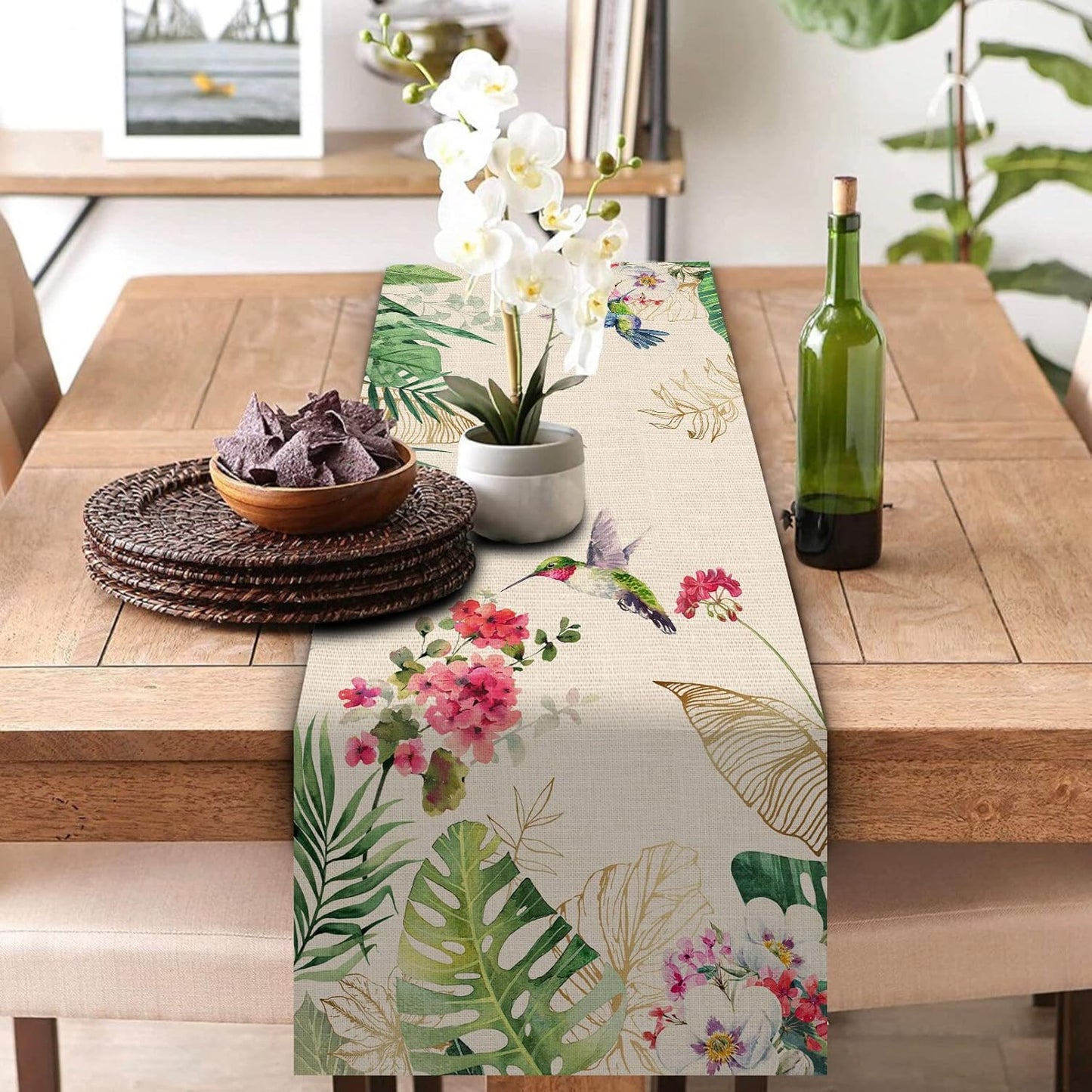 Seliem Summer Tropical Hummingbird Palm Leaf Greenery Table Runner, Spring Birds Home Kitchen Monstera Geranium Flowers Dining Decor, Seasonal Burlap Decorations Anniversary Party Supply 13 x 72 Inch
