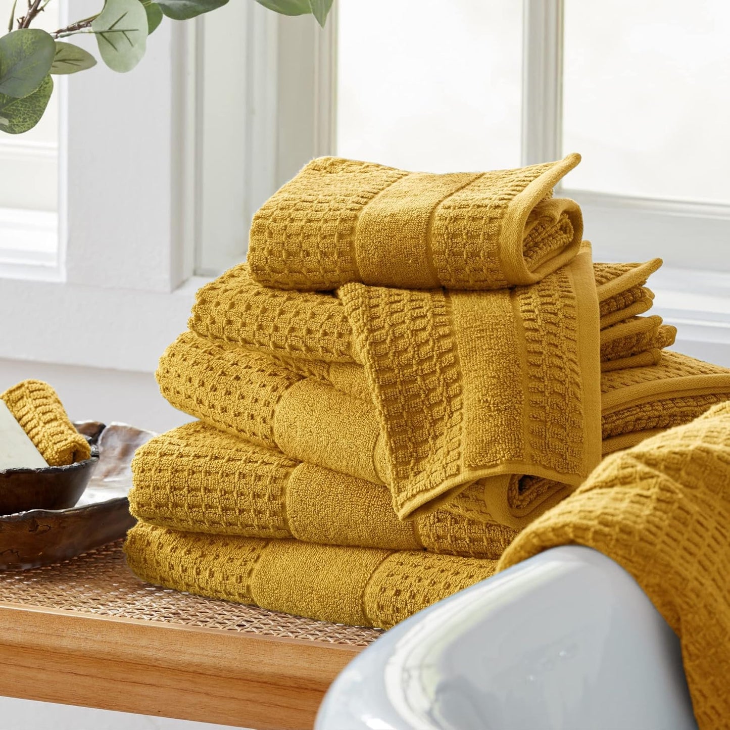 100% Cotton Super Soft Luxury Bath Towel Set | Quick-Dry and Highly Absorbent | Waffle Textured | 550 GSM | Includes 4 Bath Towels | Harper Collection (Mustard Yellow)