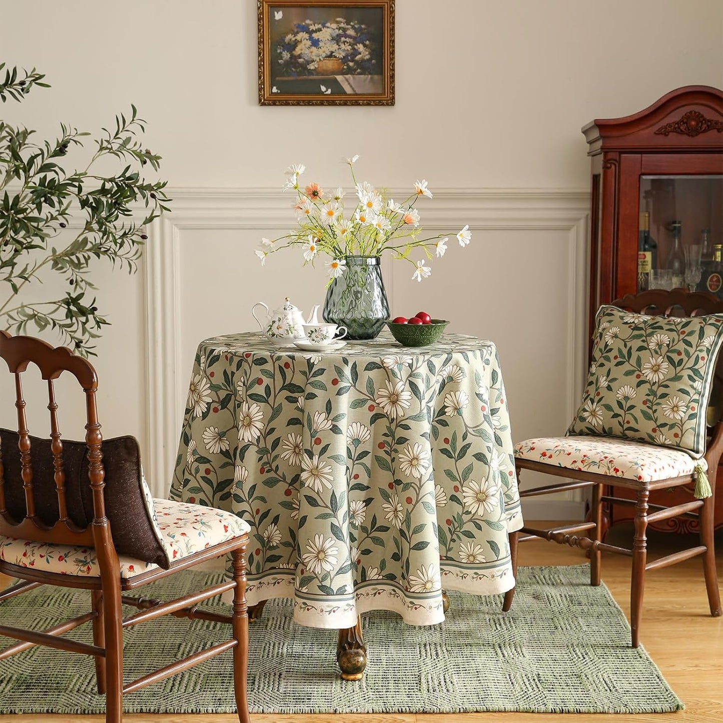 ISAENNE Designer Green Linen Round Tablecloth,Floral French Country Indoor Table Cloth,Stain Resistant Home Decor Tablecloths for Dining Kitchen Thanksgiving Christmas Party,67"*67"-Brune