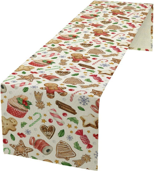 Christmas Table Runner, Christmas Gingerbread New Year Xmas Table Cloth Kitchen Dining Table Decoration for Home Party Decor 13x36 Inch