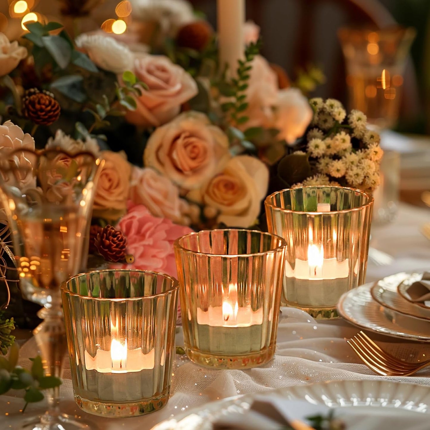 ComSaf Votive Candle Holders, 12 PCS Glass Candle Holders, Ribbed Tealight Candle Holder for Table Centerpieces, Gold Candle Holder for Wedding, Party, Baby Shower, Special Occasions, Fall Home Decor