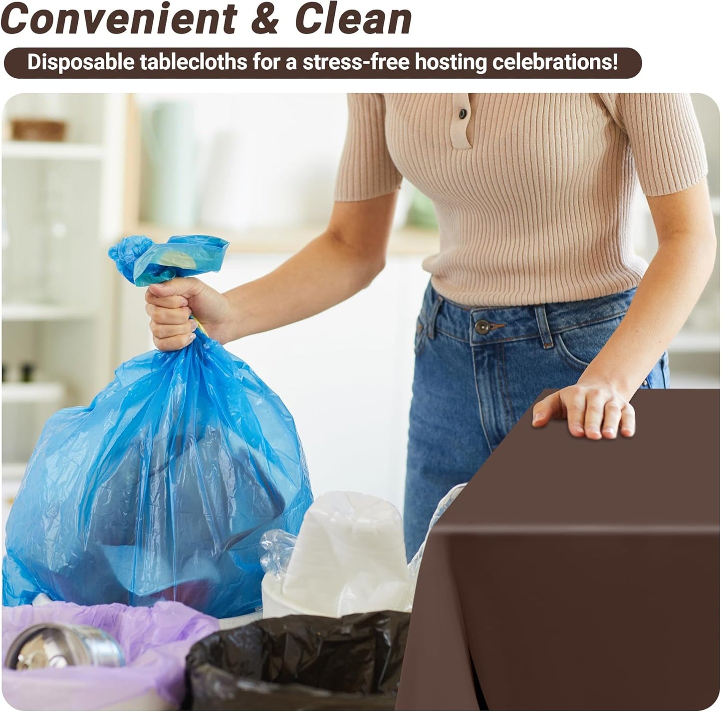 QZYL 12 PCS Brown Plastic Tablecloths, 54 in x 108 in Dinner Table Cloths, Rectangle Table Cover for Birthday Party Family Gathering Wedding