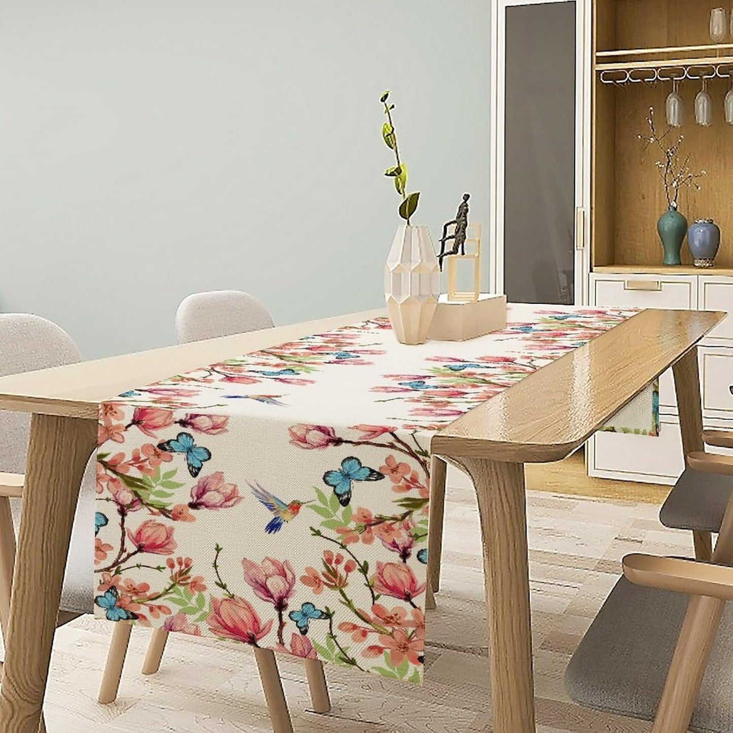 Flowers Table Runner,Floral Bird Butterfly Spring Table Cloth Kitchen Dining Table Home Party Decoration 13x120 Inch