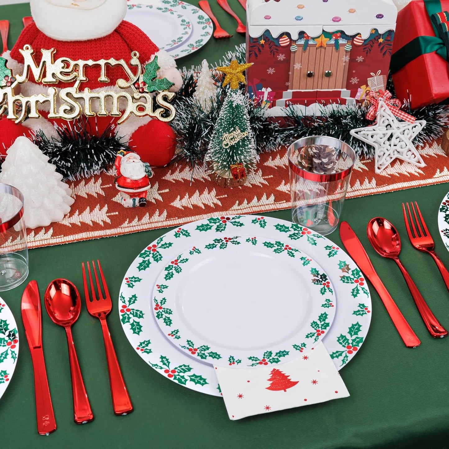 WDF 350pcs Christmas Plates and Napkins Set - Exquisite Holly Design - Christmas Dinnerware Set of 50 Plastic Plates 50 Red Silverware Set&Cups& Napkins