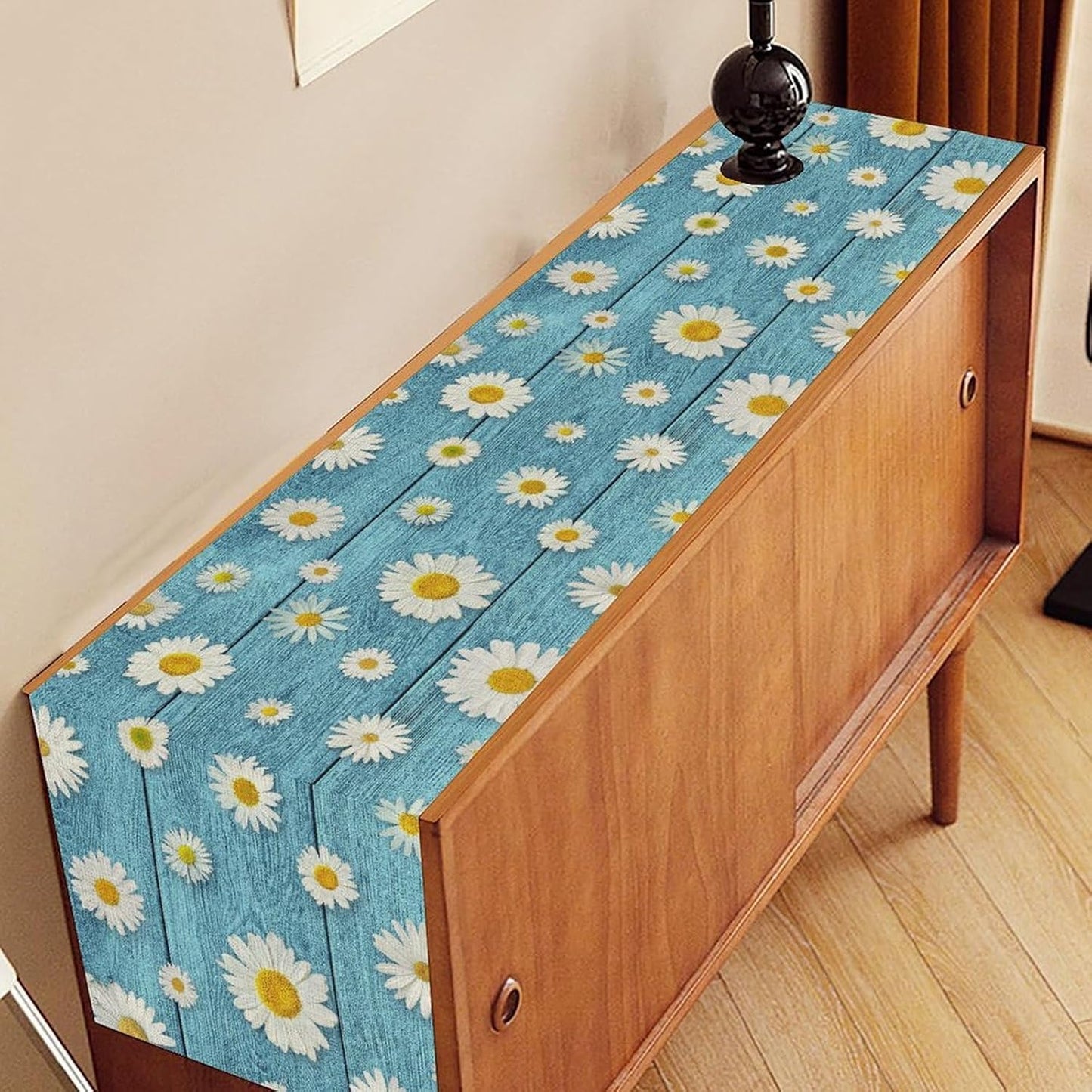 Daisy Floral Table Runner, Rustic Seasonal Spring Wild Flower Rustic Blue Wood Farmhouse Table Center Decor for Home Kitchen Dining Patio Holiday Party Indoor Outdoor Table Decorations, 13"x36" Inch