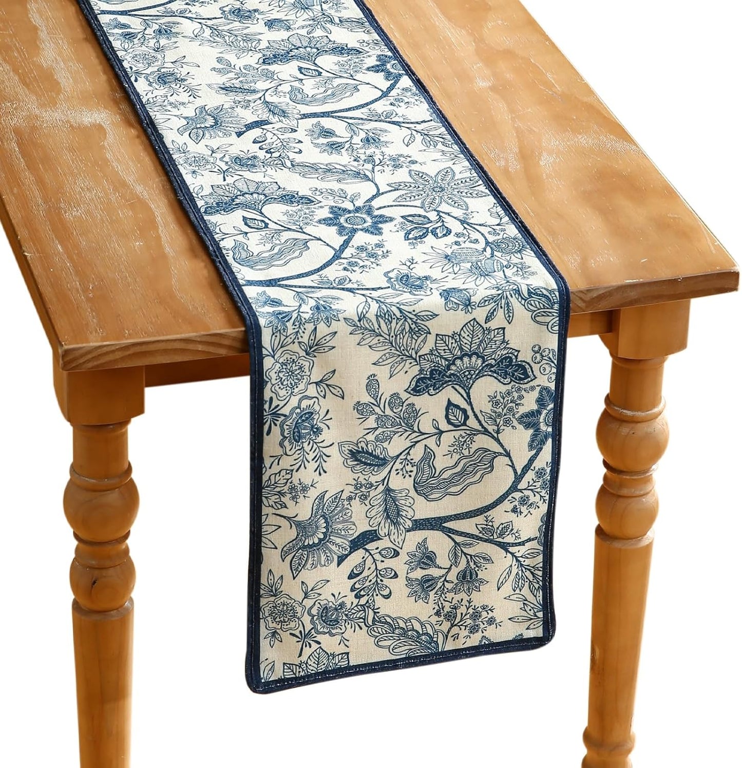 ISAENNE Designer Chinoiserie Elegant Linen Table Runner 87 Inches Long,Blue Floral Pattern Decor Table Runners for Thanksgiving,Dining Room,Banquet,Kitchen Tables,Christmas,12"*87"-Ruyi B