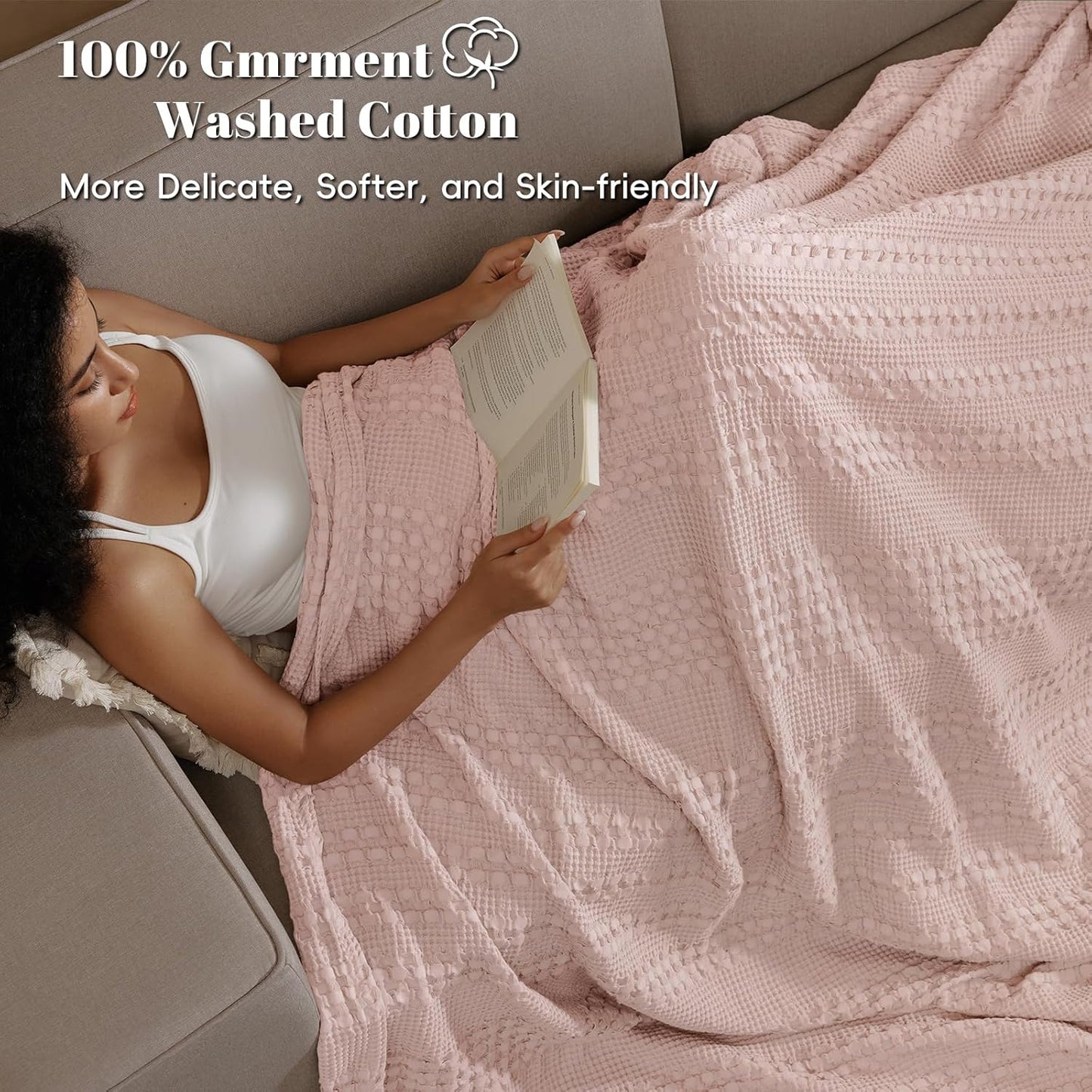 PHF 100% Cotton Waffle Weave Blanket Queen Size for Bed, Soft Lightweight & Breathable, All-Season Comfort, Luxury Aesthetic Woven Bedding for Home Decor, 90"x90", Pink/Mauve