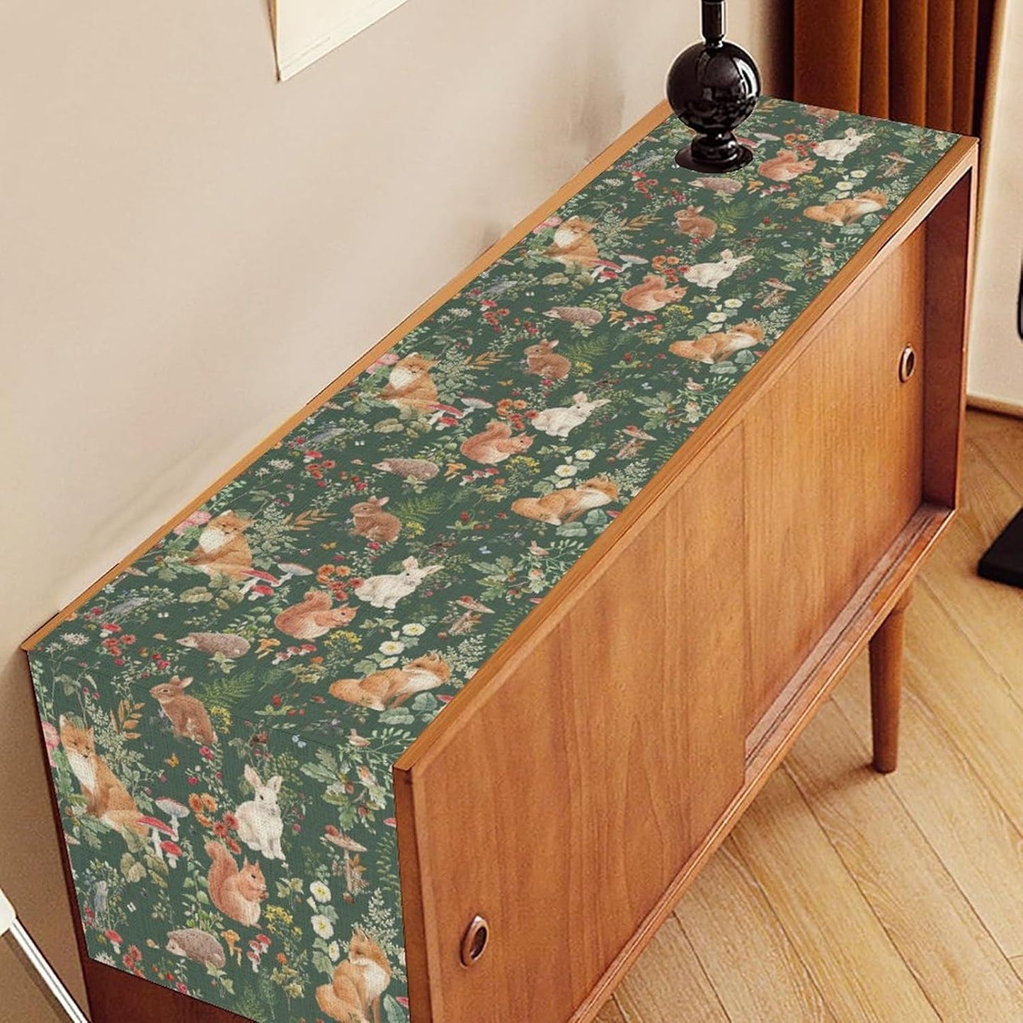 Rustic Forest Table Runner, Farmhouse Wild Woodland Animals Country Fox Rabbits Mushroom Botanical Green Table Center Decor for Home Kitchen Dining Patio Holiday Party, 13"x36" Inch