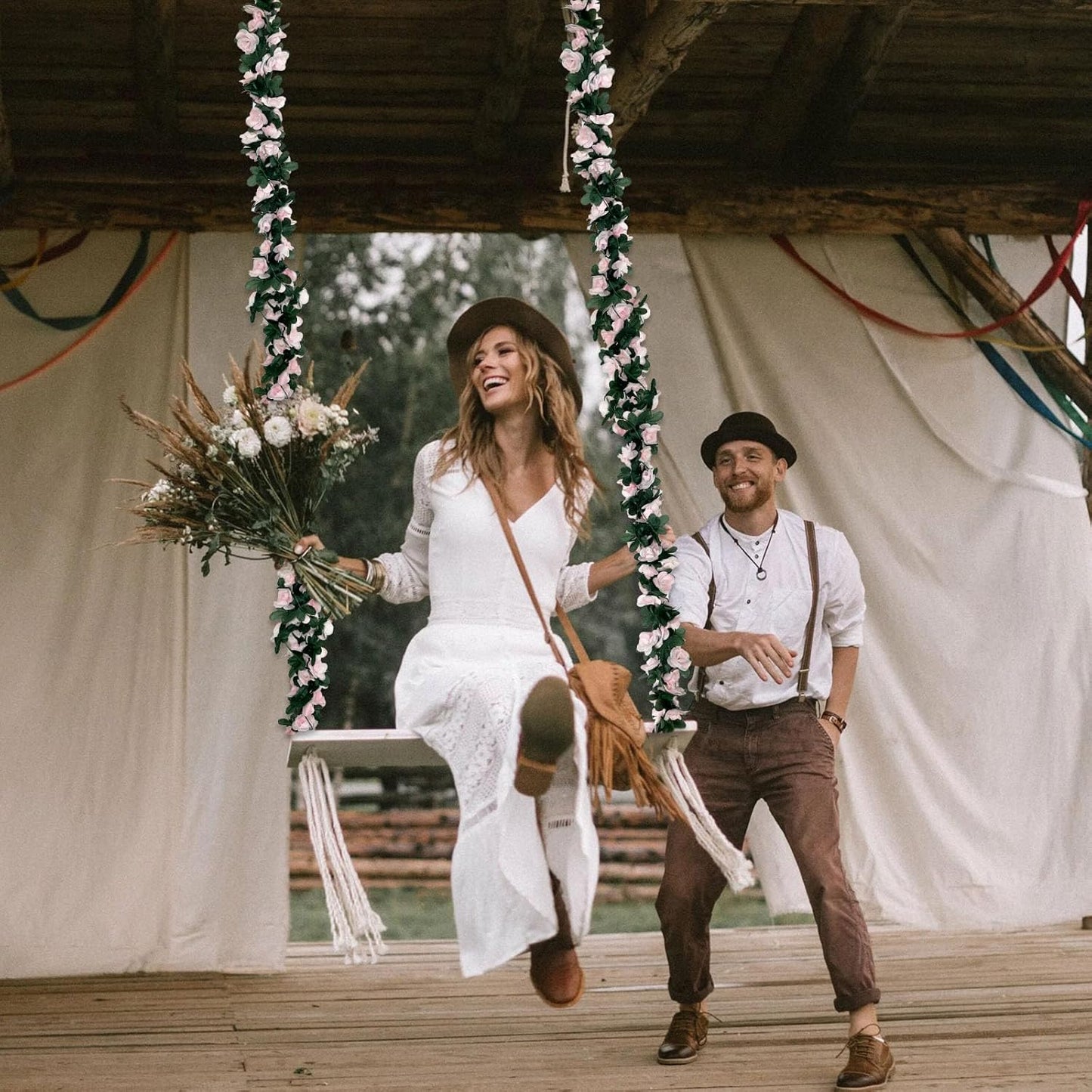 16Pcs 126Ft Light Pink Rose Garland, Fake Rose Hanging Flowers, Artificial Flower Vine, Hanging Floral Vine Garland for Wedding, Birthday Party, Wall Arch, Halloween, Christmas Garden Backdrop Decor