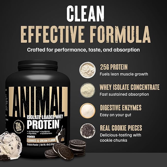Animal Whey Isolate Protein Powder - Loaded for Pre & Post Workout Muscle Builder and Recovery with Digestive Enzymes for Men & Women - 25g Protein, Great Taste, Low Sugar - Cookies & Cream 4 lbs