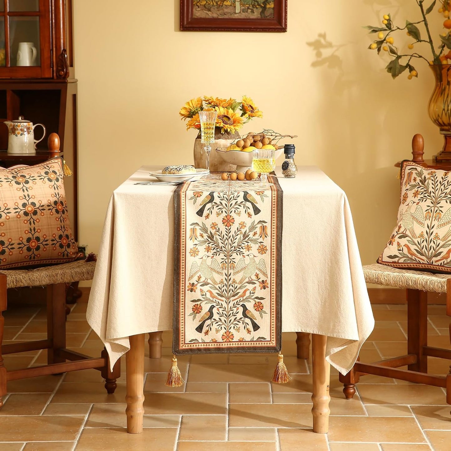 Vintage Linen Table Runner 87 Inches Long,Floral Print Italian Rustic Runner for Coffee Table Decor Tabletop Table Runners for Kitchen,Dining,Party,Home,Christmas,12"*87"