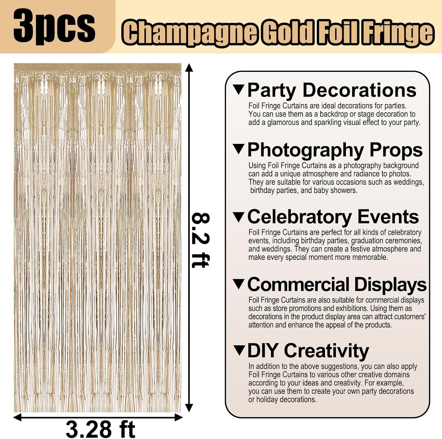 3 Pack Champagne Gold Foil Fringe Curtain Backdrop, 3.28Ft x 8.2Ft Metallic Tinsel Foil Fringe Streamer Curtains for Photo Booth, Christmas Day, Thanksgiving, Wedding, New Year Party Decorations