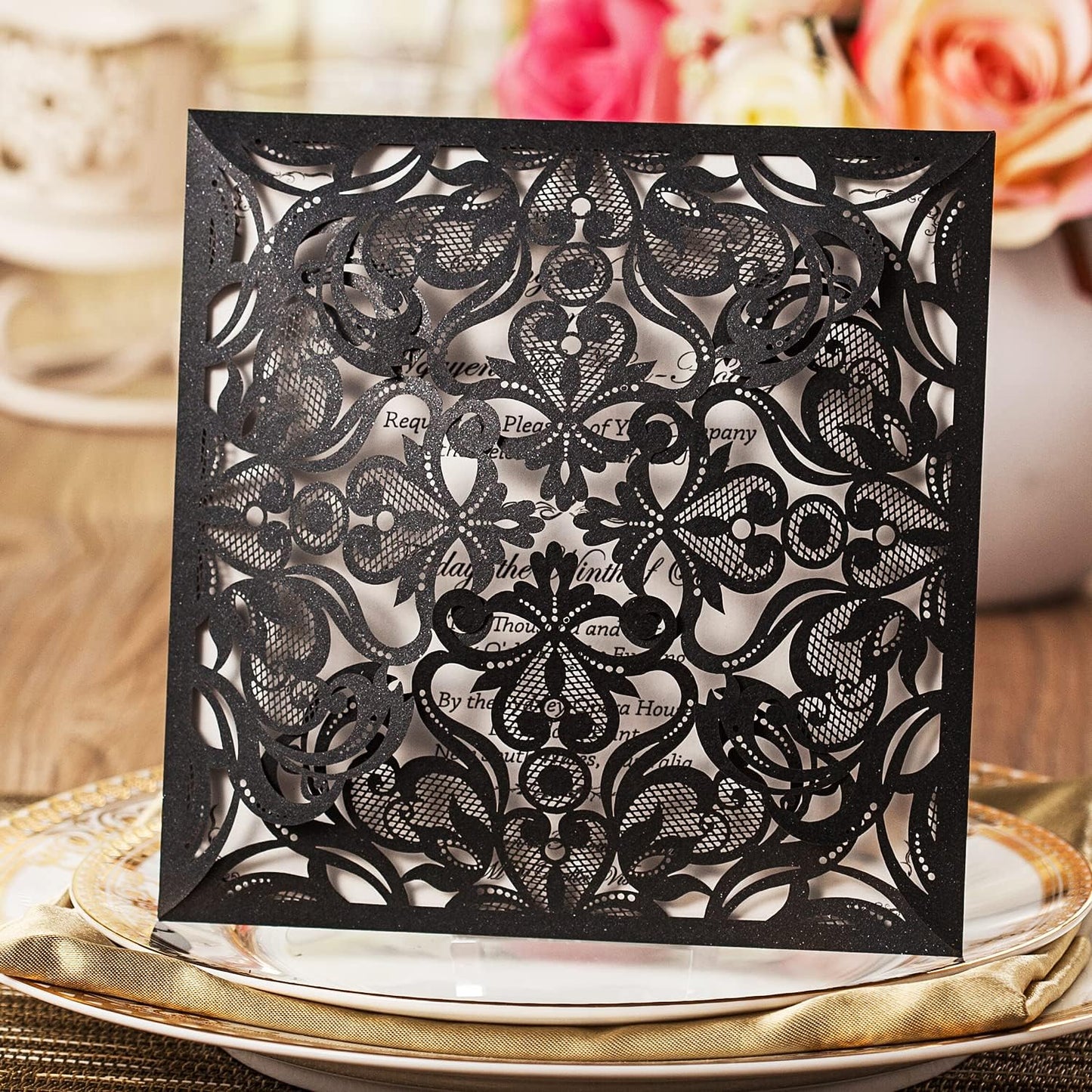 Hosmsua 50PCS Personalized Black Laser Cut Hollow Lace Rose Invitation Cards with Envelopes 6.3 x 6.3 Inch Wedding Invitations for Engagement Wedding Invite (Customized Printed)