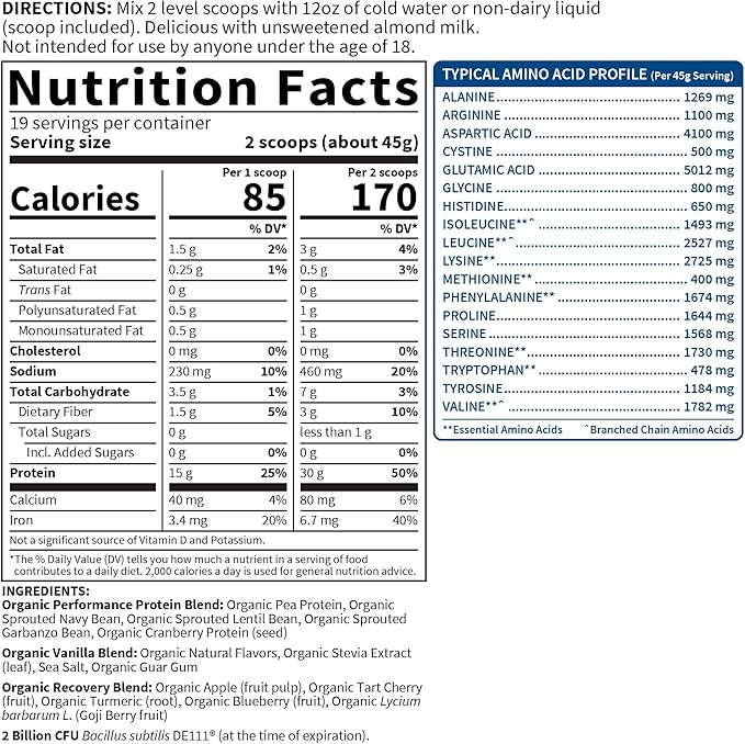Garden of Life Organic Vegan Protein Powder with Probiotics, BCAAs, NSF Certified, Gluten Free & Sport, Non GMO, Sport Protein Powder, 19 Servings, Vanilla