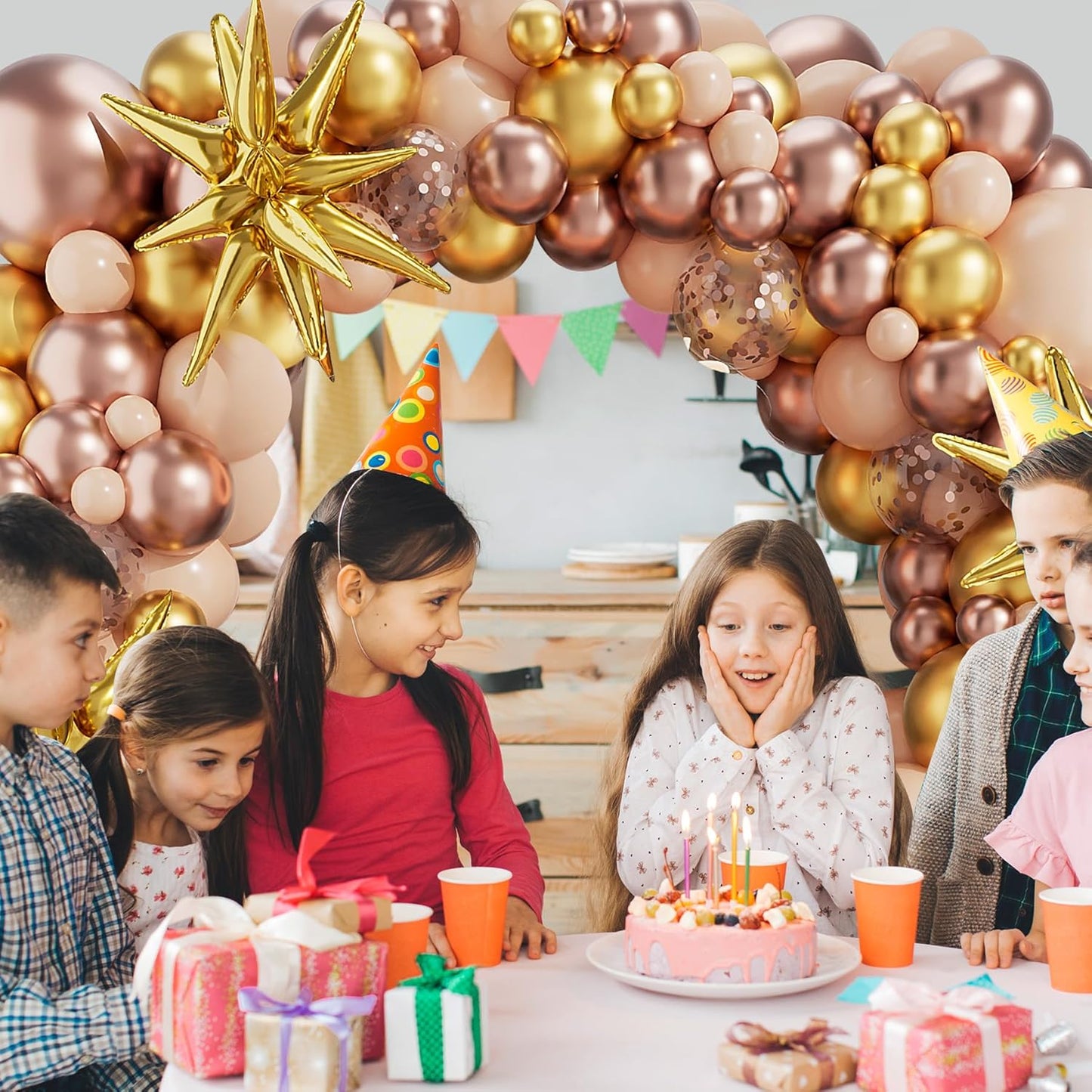 Rose Gold Garland Arch Kit, 142PCS Macaron Orange Confetti Latex Metal Aluminum Foil Balloons for Baby Shower, Ladies Birthday, Wedding Party Decor Supplies