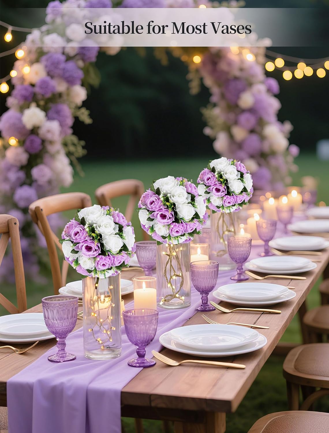 BLOSMON Purple Flowers Ball for Centerpieces: 6 Pcs Fake Lilac White Roses Flowers for Wedding Dinning Table - Faux Silk Kissing Bouquet with Base Floral Arrangement for Home Party Event Decor