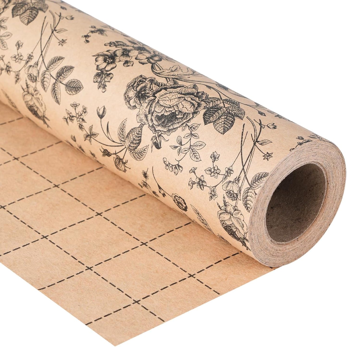 Ulmasinn Kraft Floral Wrapping Paper Roll - 17 Inches x 33 Feet - Vintage Black Floral Design with Cut Lines for Upscale Gifts, Birthday, Bridal Shower, Wedding, Mother’s Day, Valentine's Day