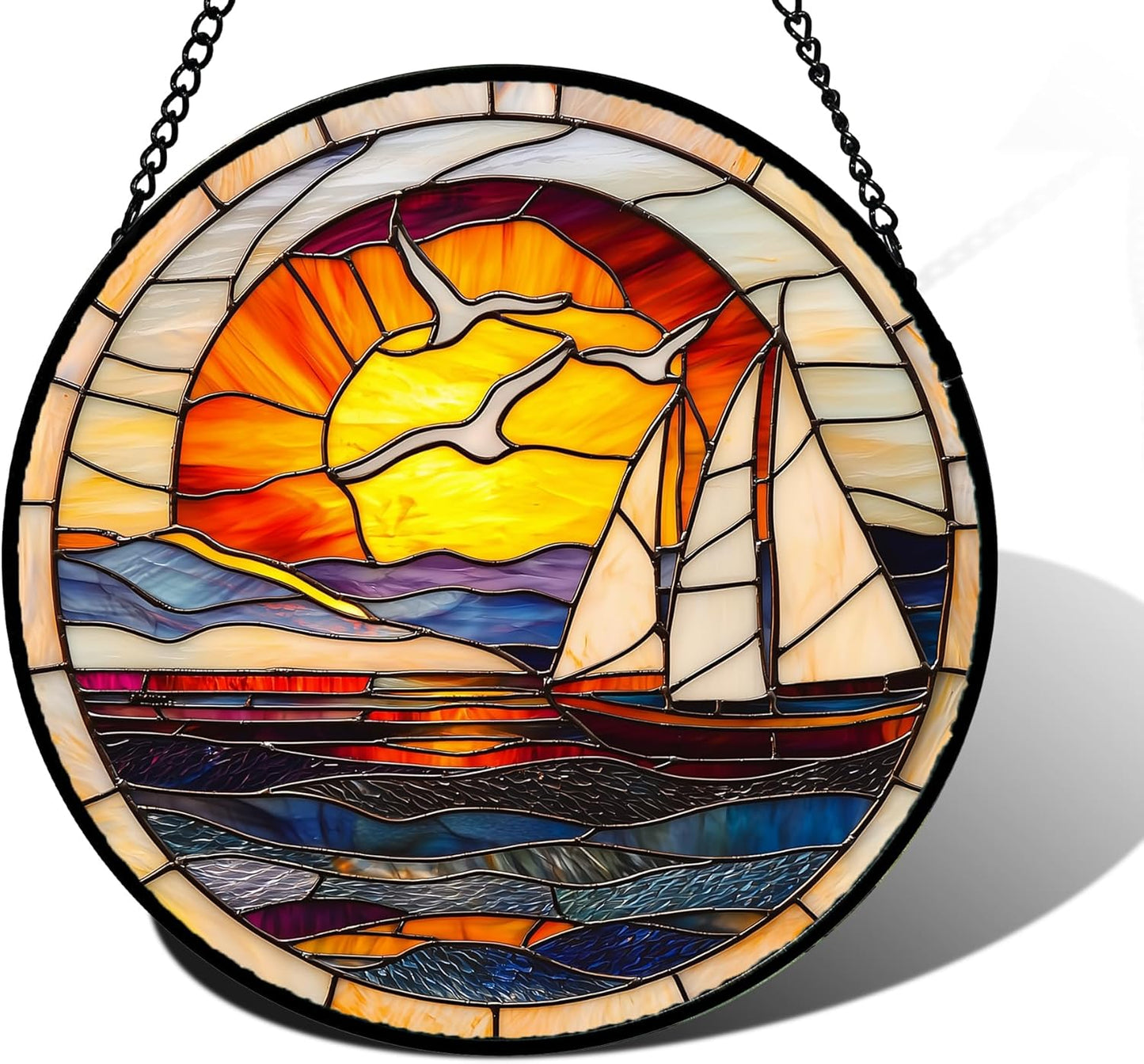 Stained Glass Window Hanging, Sun Ocean Sailboat Seagull Abstract Suncatcher Diamond Glass Panel Sun Catchers Decor for Birthday for Women, Men, Wife, Aunt, and Mom 9.8 in