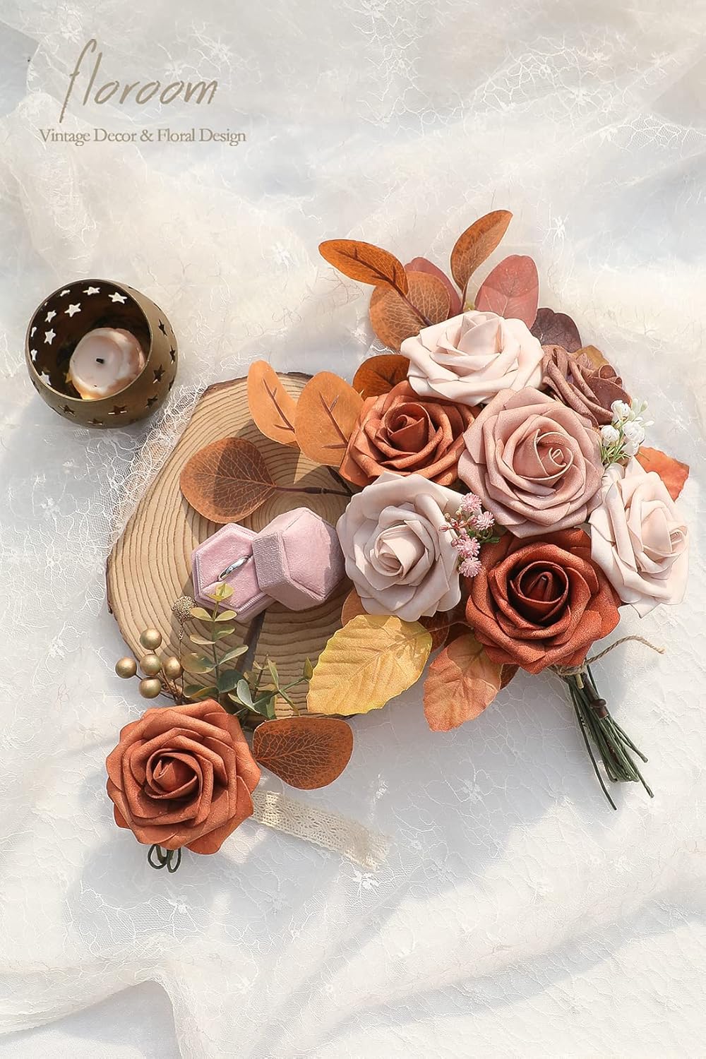 Floroom Artificial Flowers 25pcs Real Looking Burnt Orange Ombre Colors Foam Fake Roses with Stems for DIY Wedding Bouquets Bridal Shower Floral Centerpieces Party Tables Home Decorations