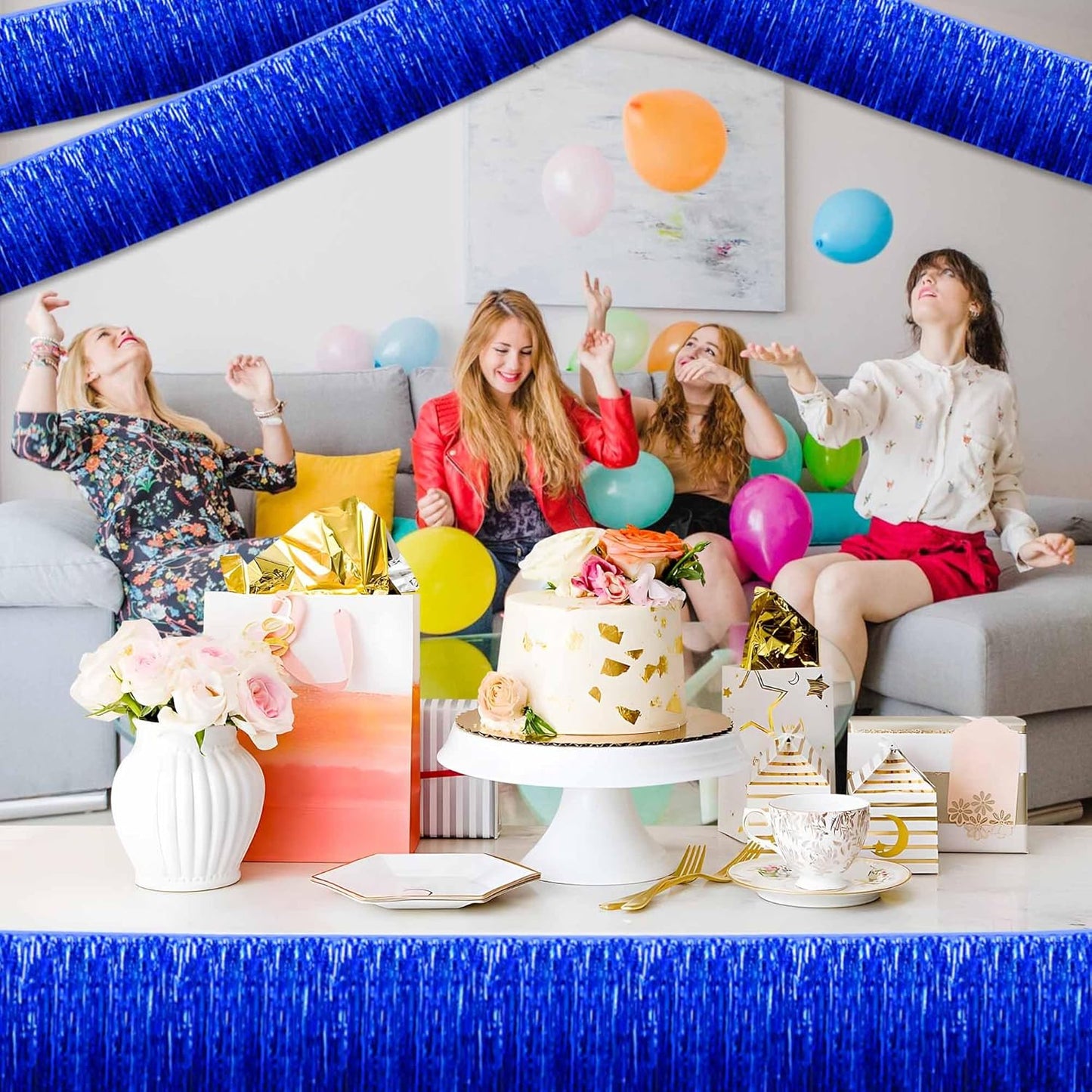 4 Pack 10 Ft Blue Foil Fringe Garland Metallic Streamers Tinsel Banner Wall Hanging Garland Backdrop for Parade Floats, Halloween, Christmas, Thanksgiving, New Year Party Decorations