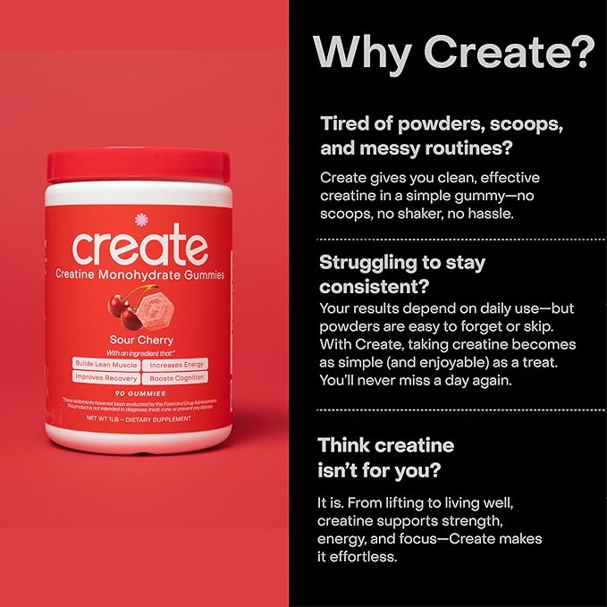 Create Creatine Monohydrate Gummies for Men & Women | 1.5g Creatine per Gummy for Muscle Strength, Endurance, Recovery, & Focus | Vegan, Non-GMO, Gluten-Free | Premium Sour Cherry Flavor | 90 Count